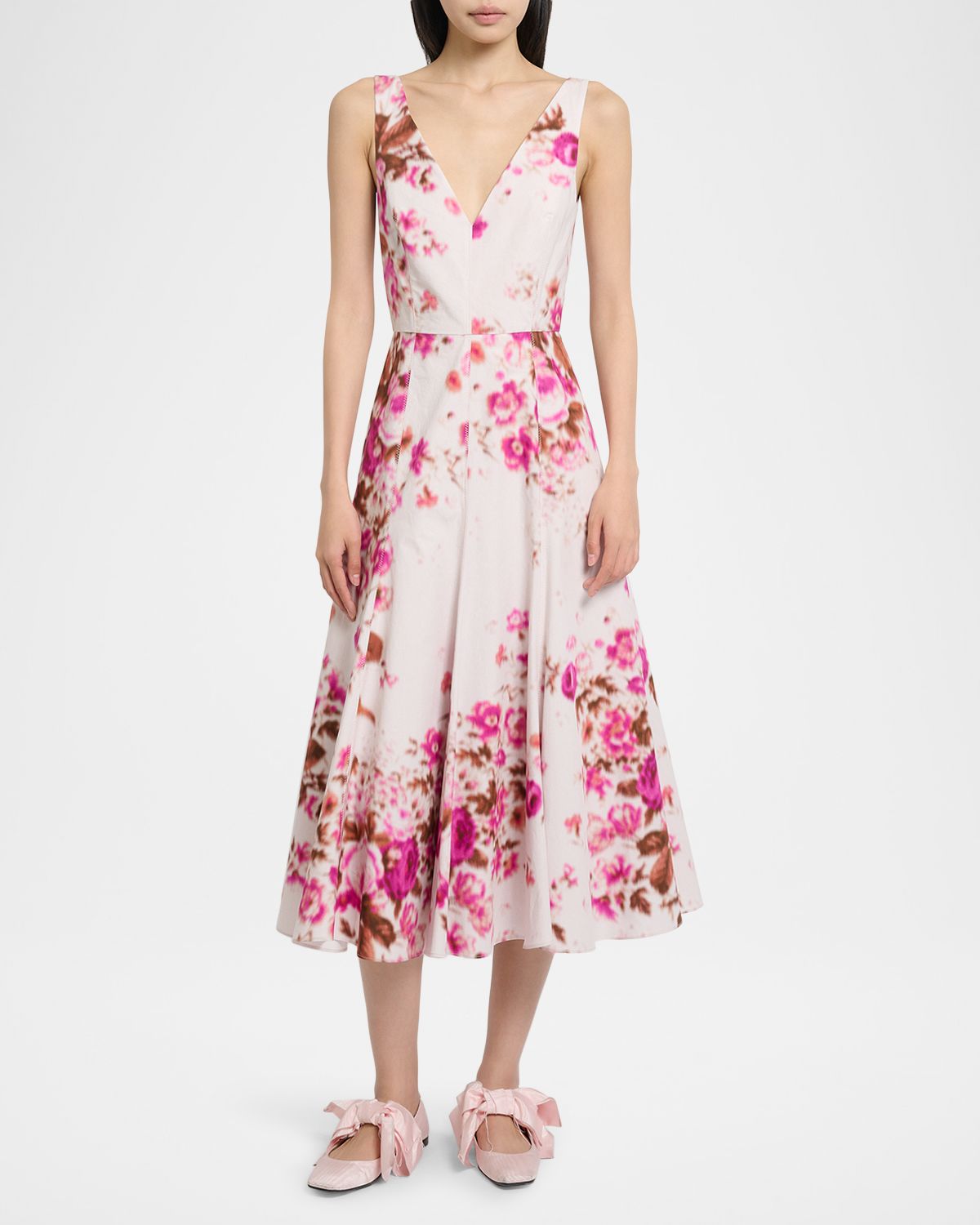 Erdem Floral Print Cotton Sleeveless V-Neck Midi Dress