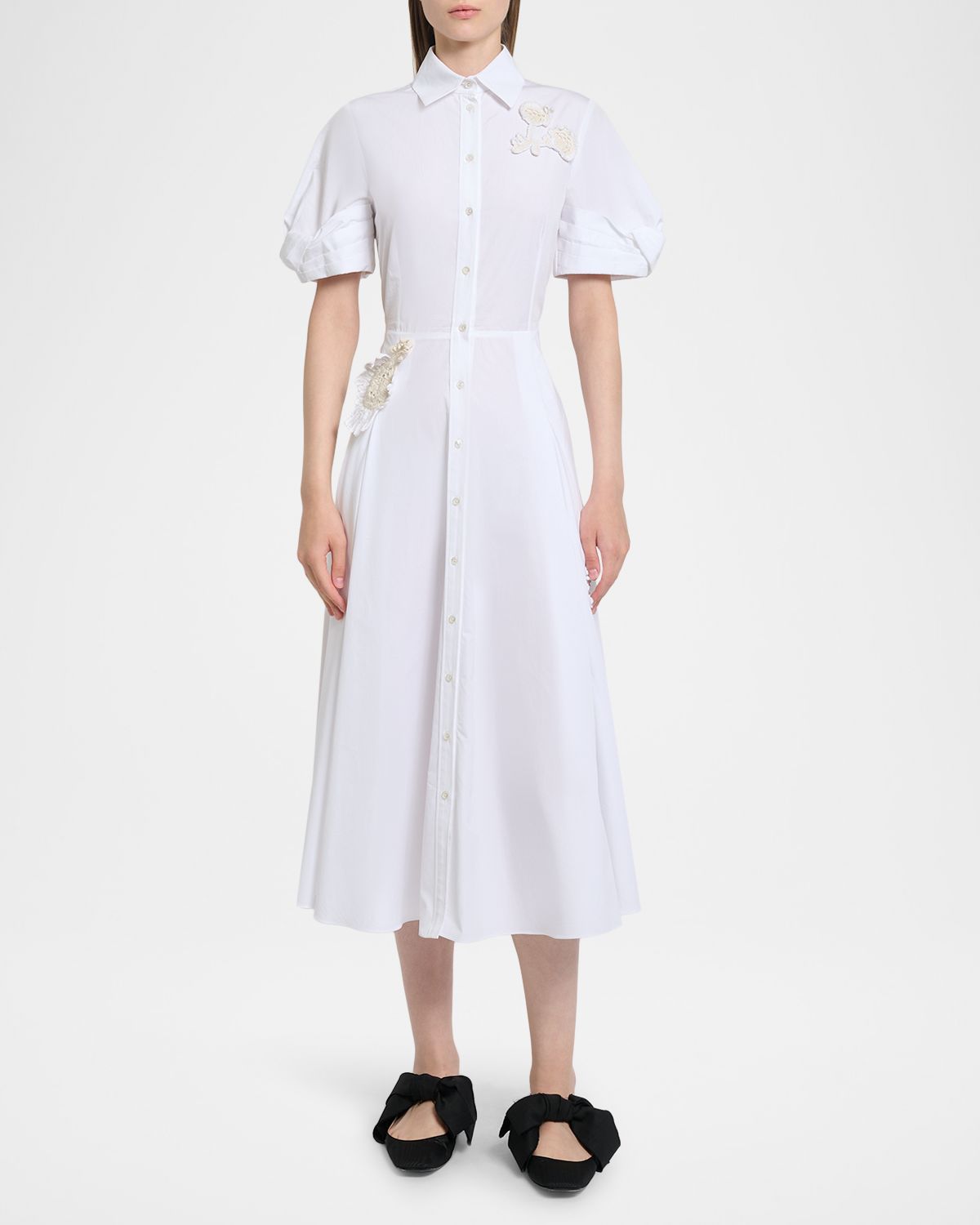 Erdem Pleated Floral Applique Cotton Midi Shirtdress
