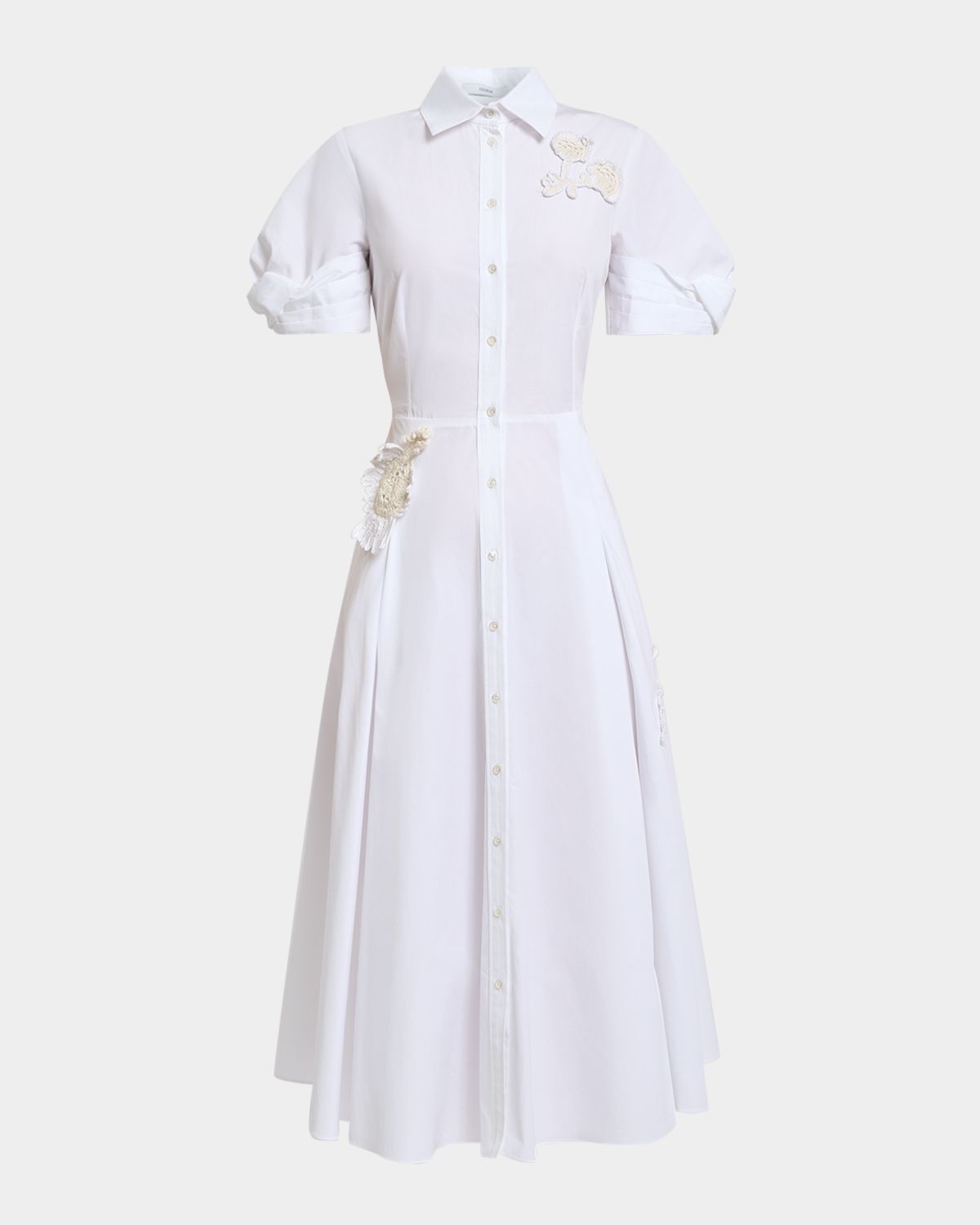 Erdem Pleated Floral Applique Cotton Midi Shirtdress