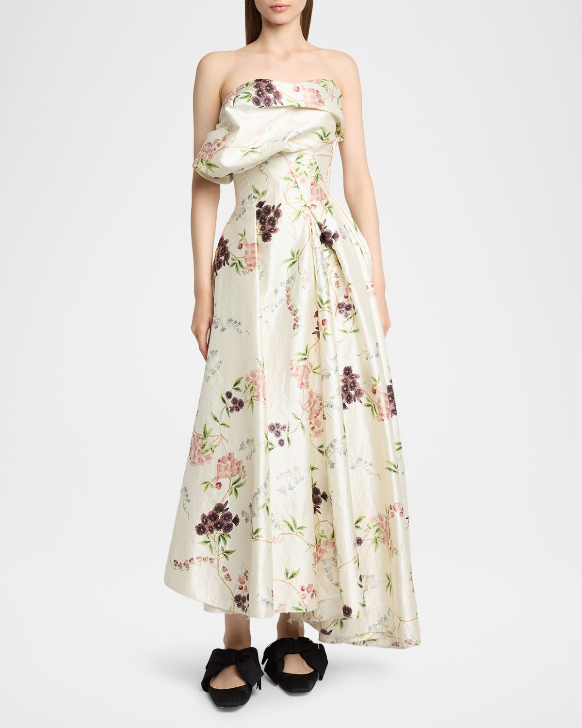 Erdem Strapless Floral-Print Textured Satin Gown