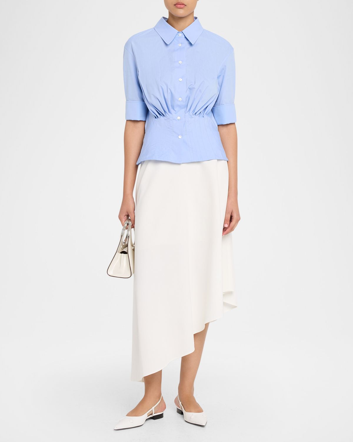 Marni Pleated Cotton Poplin 3/4-Sleeve Collared Shirt