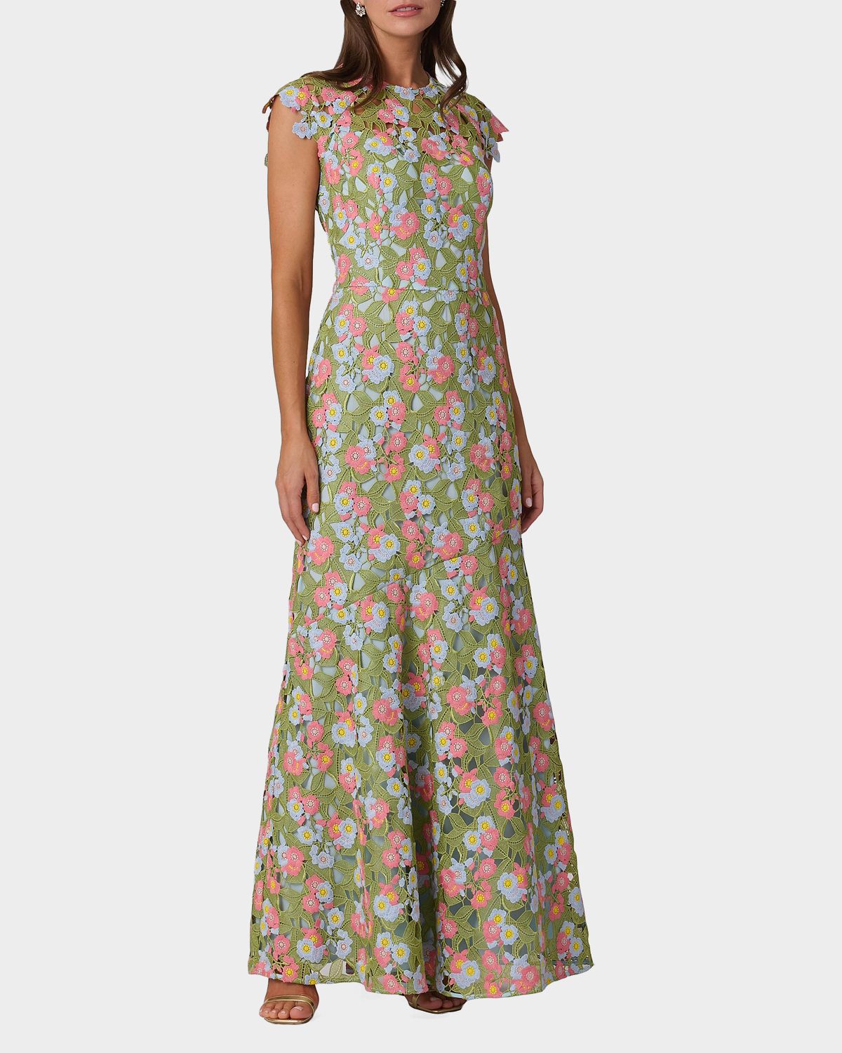 Shoshanna Raven Cap-Sleeve Floral Lace Gown