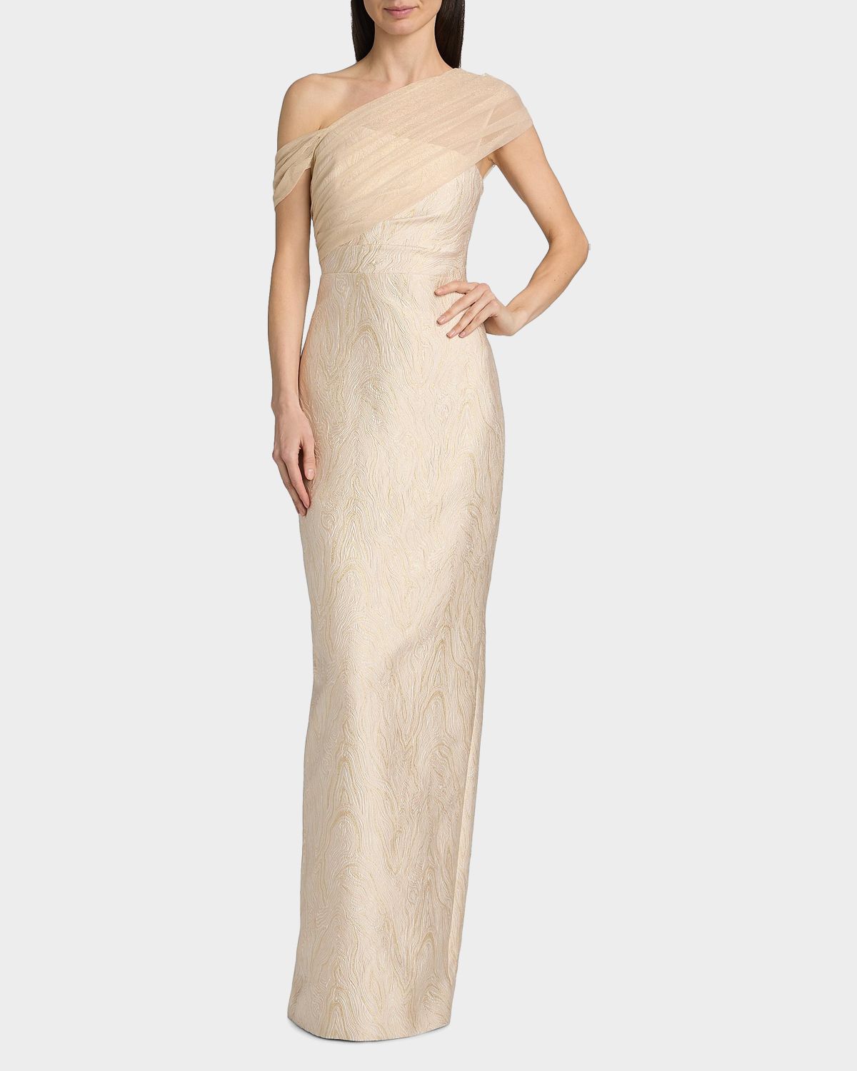 Theia Zara One-Shoulder Metallic Jacquard Column Gown