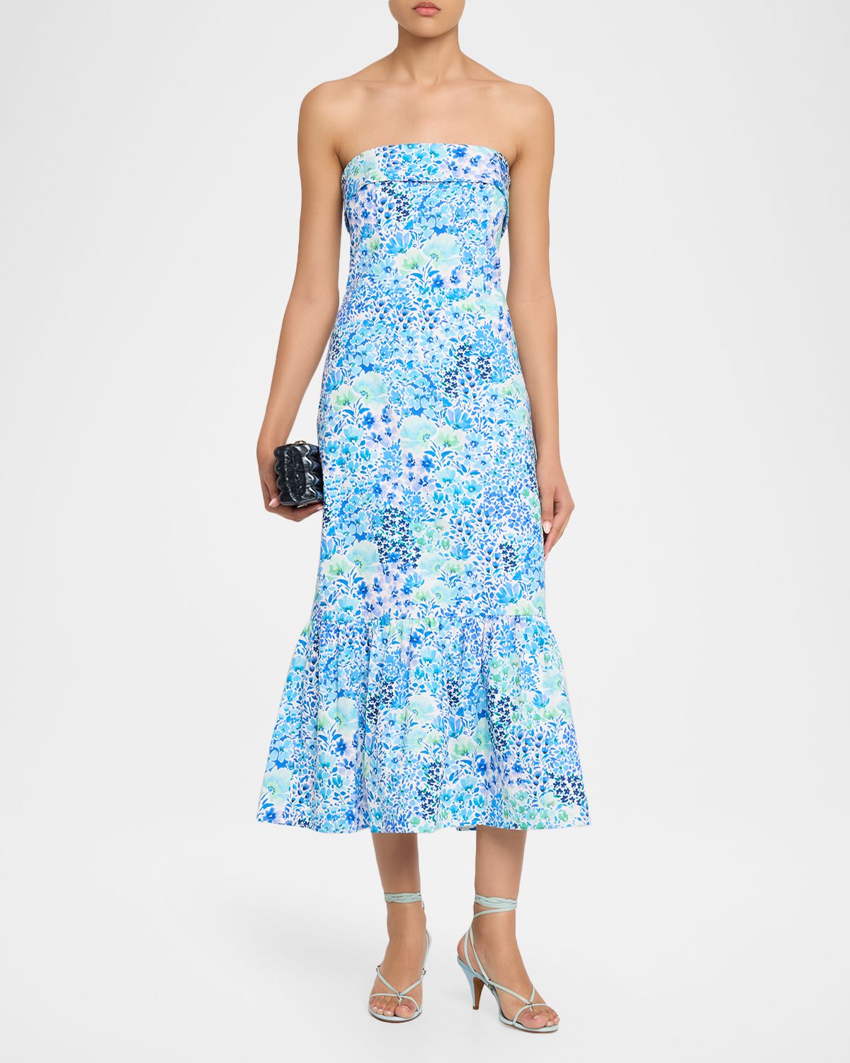 Shoshanna Wright Strapless Floral-Print Flounce Midi Dress