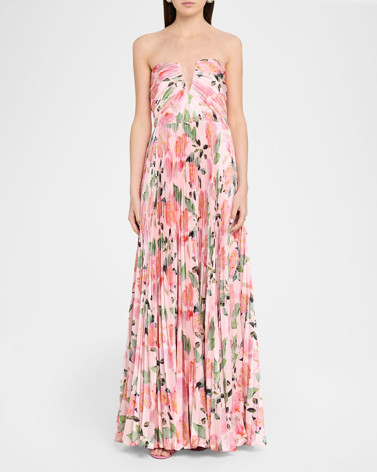 As It May Ella Strapless Pleated Floral-Print Satin Gown