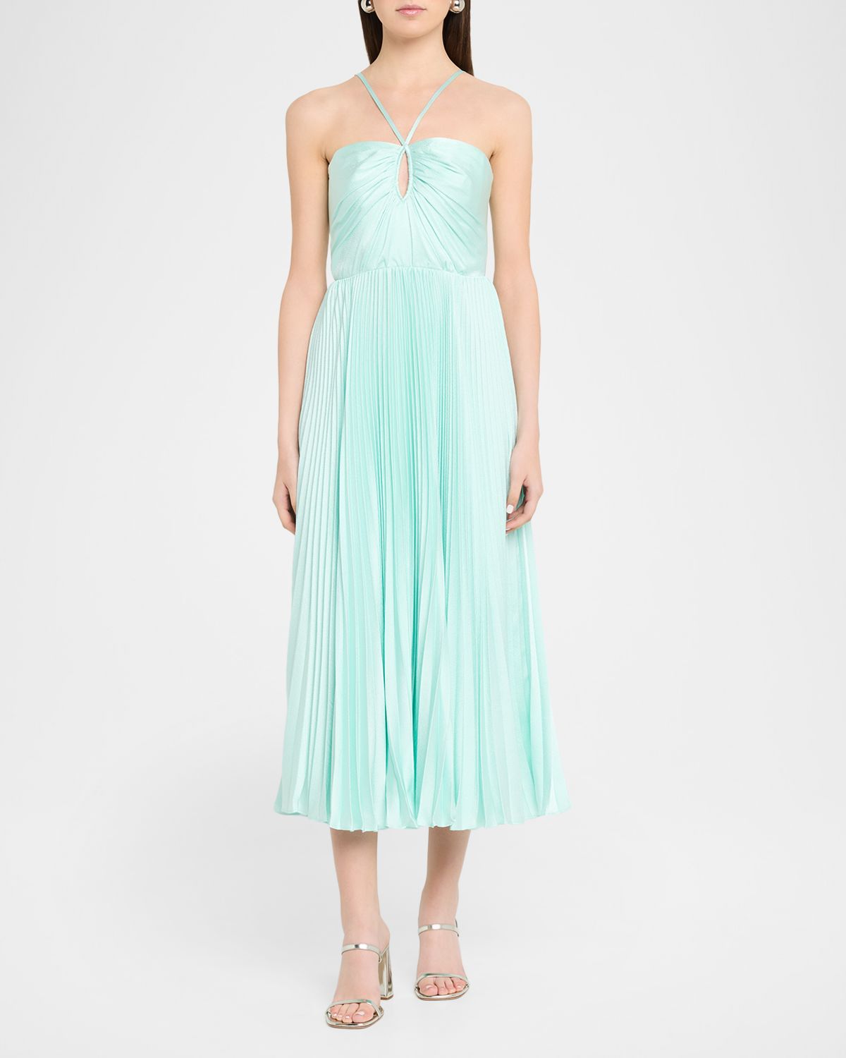 As It May Liv Pleated Satin Halter Midi Dress