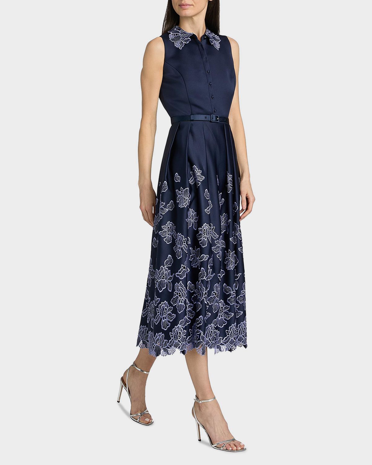 Theia Merisel Pleated Floral-Embroidered Midi Shirtdress