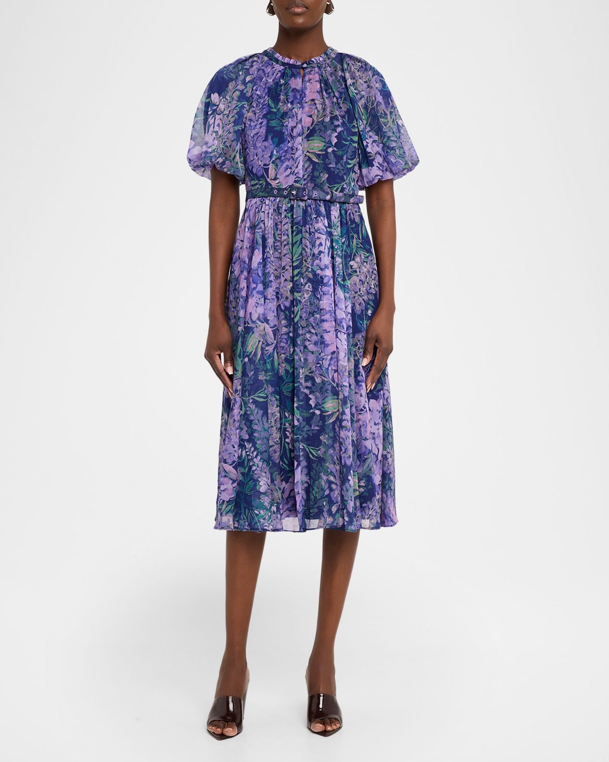 Theia Marisol Floral-Print Pebbled Chiffon Midi Dress