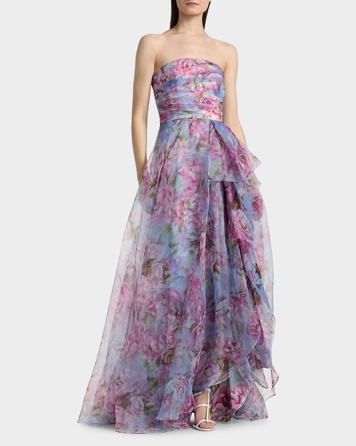 Theia Fahreta Strapless Floral-Print Gown