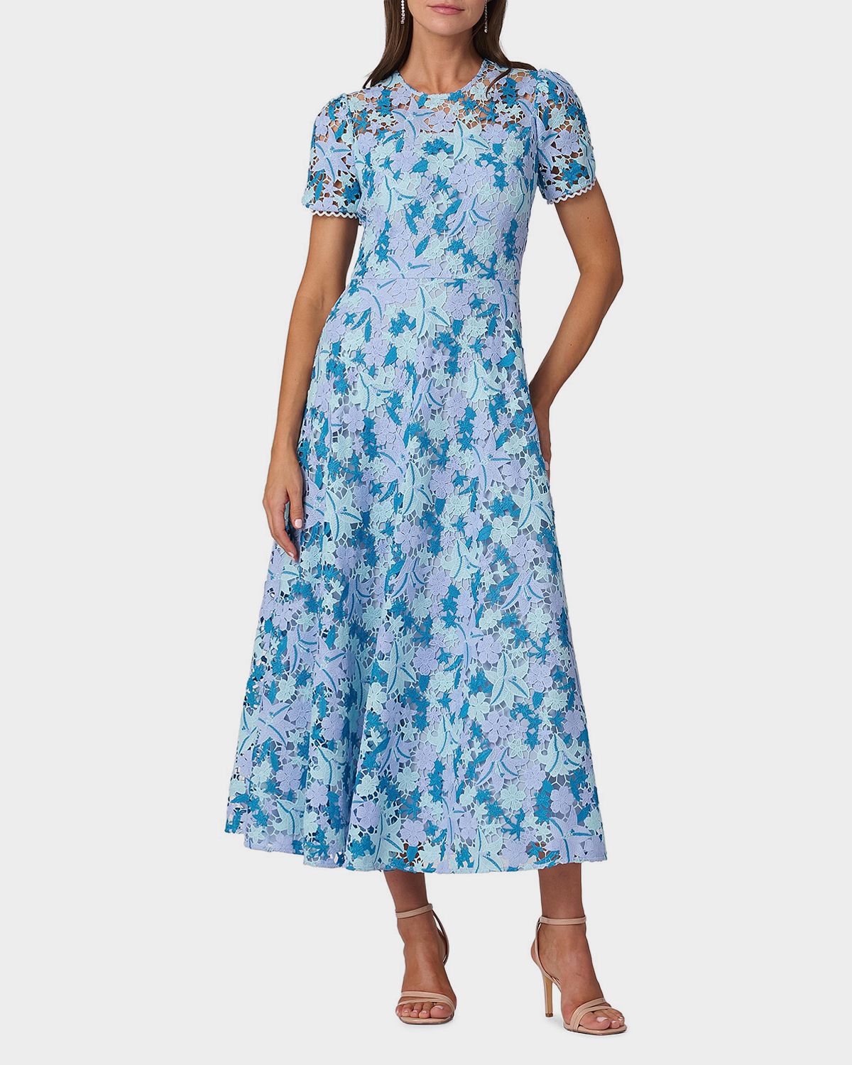 Shoshanna Preston Lace Short-Sleeve Tea-Length Dress