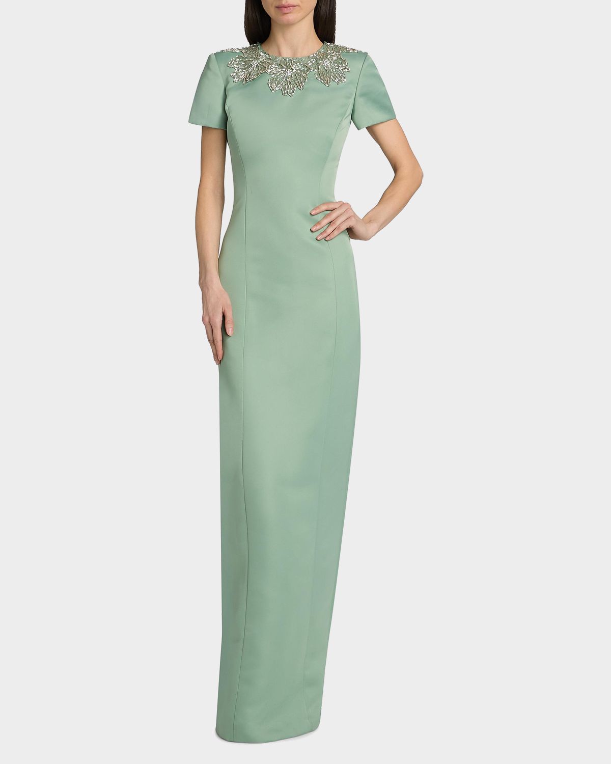 Theia Sorelia Beaded Duchess Satin Column Gown