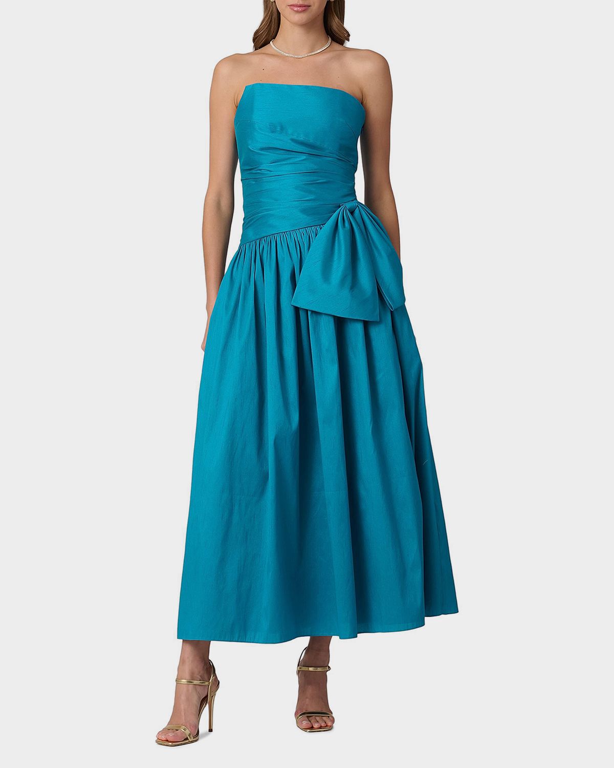 Shoshanna Sonia Strapless Side-Bow Satin Midi Dress
