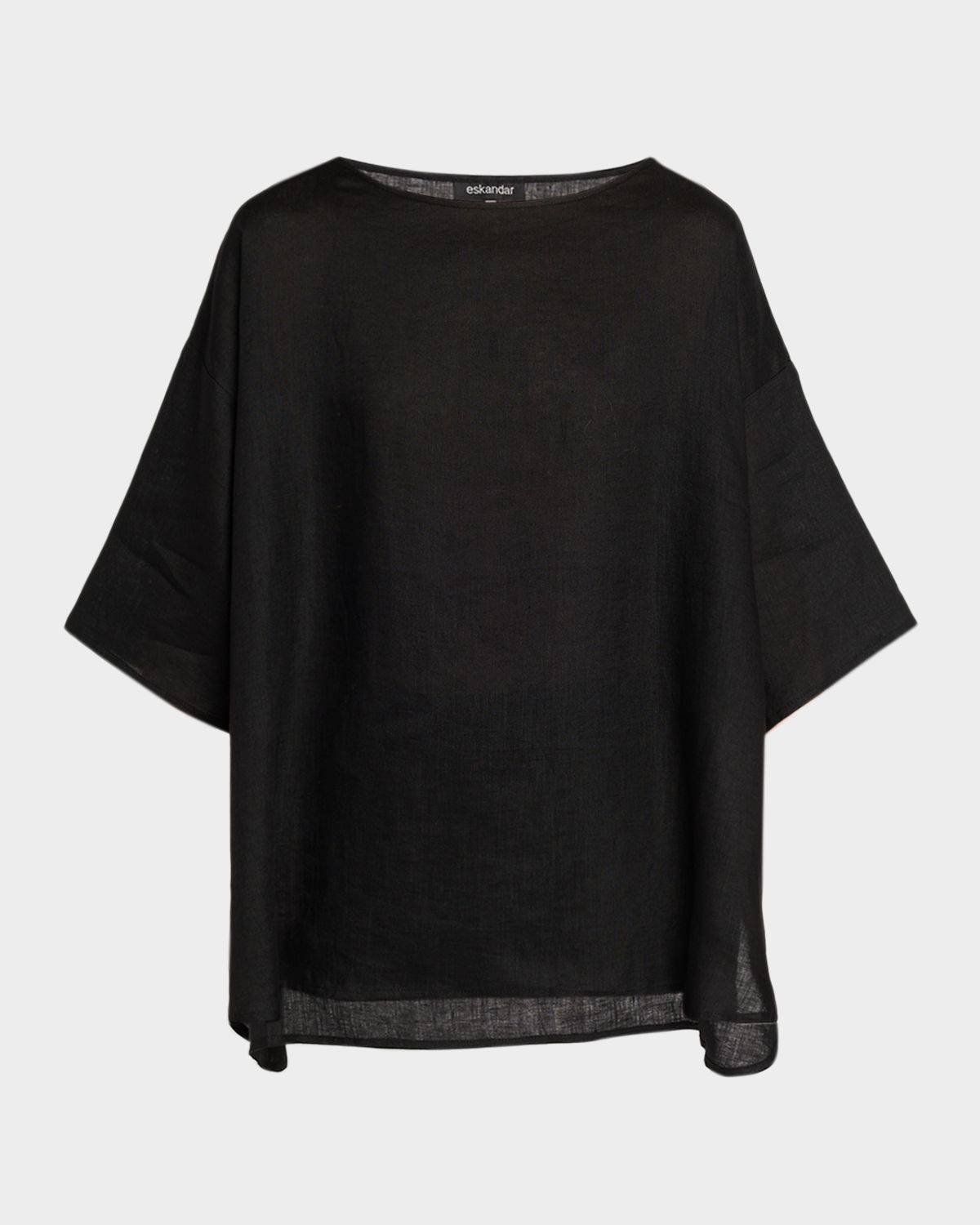 Eskandar Linen Sloped Shoulder Wide A-Line Scoop Neck Top - Mid Length