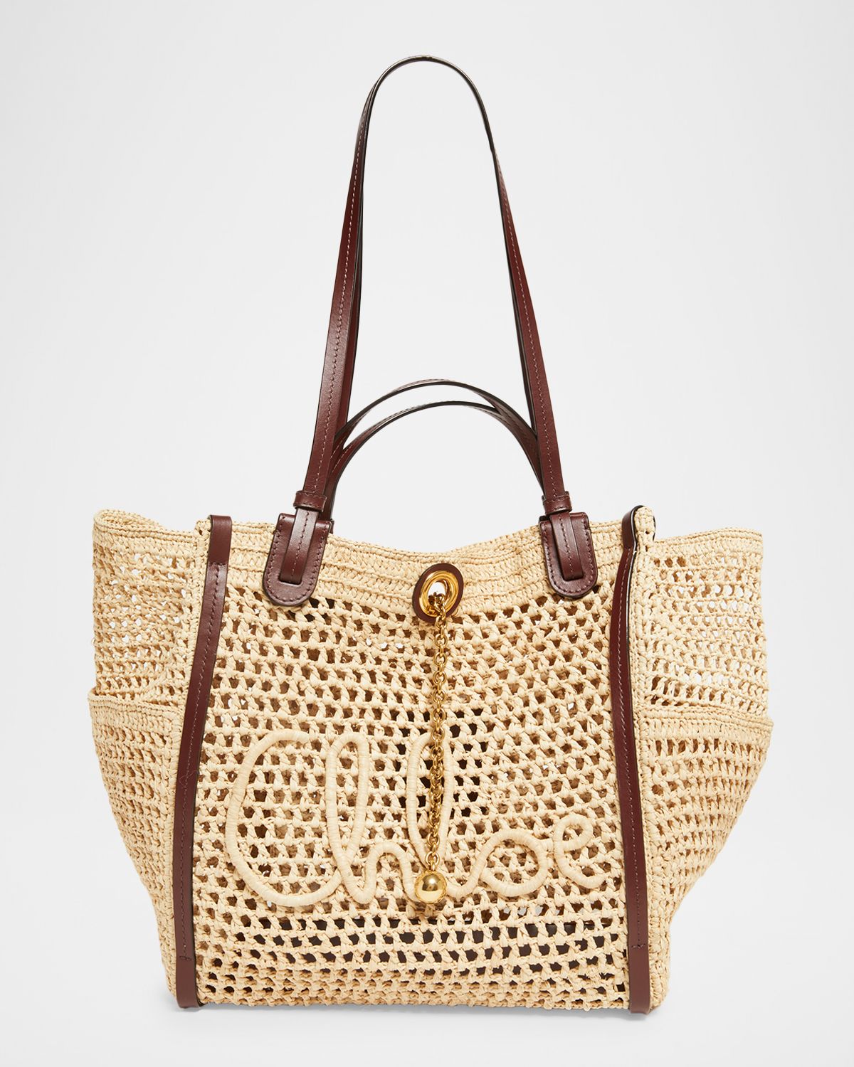 Chloe Logo Script Woven Raffia Tote Bag