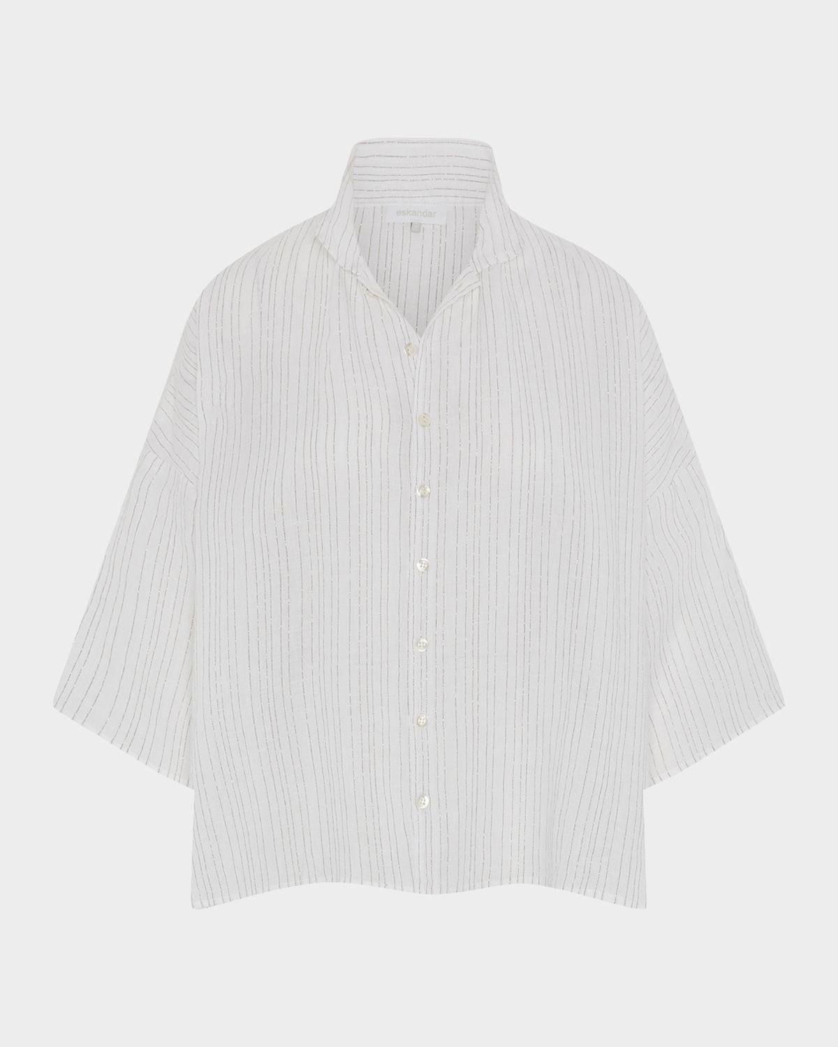 Eskandar Sloped Shoulder Wide A-Line Pleated Collar Short Sleeve Shirt - Mid Length