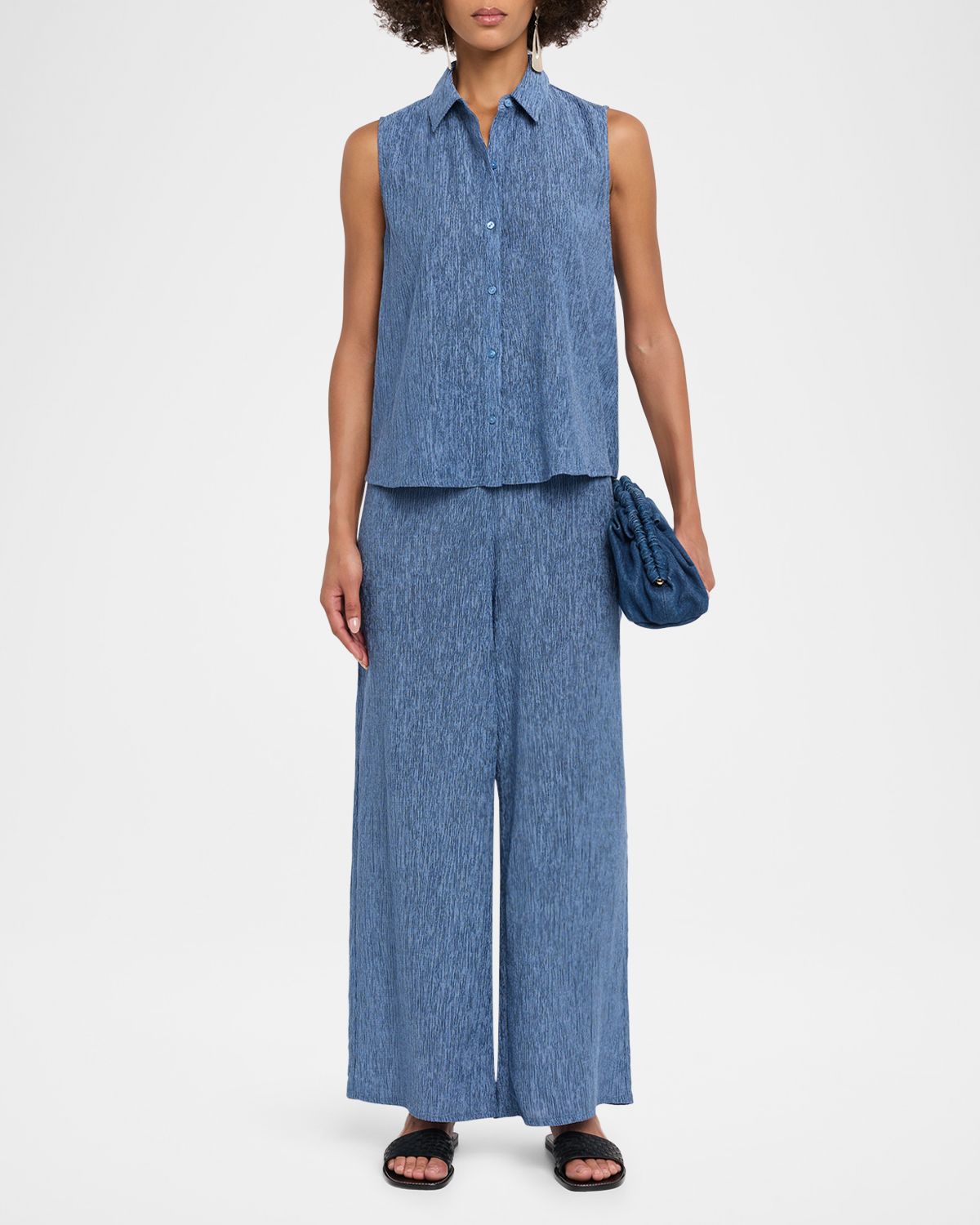 Eileen Fisher Sleeveless Crinkled Button-Down Shirt