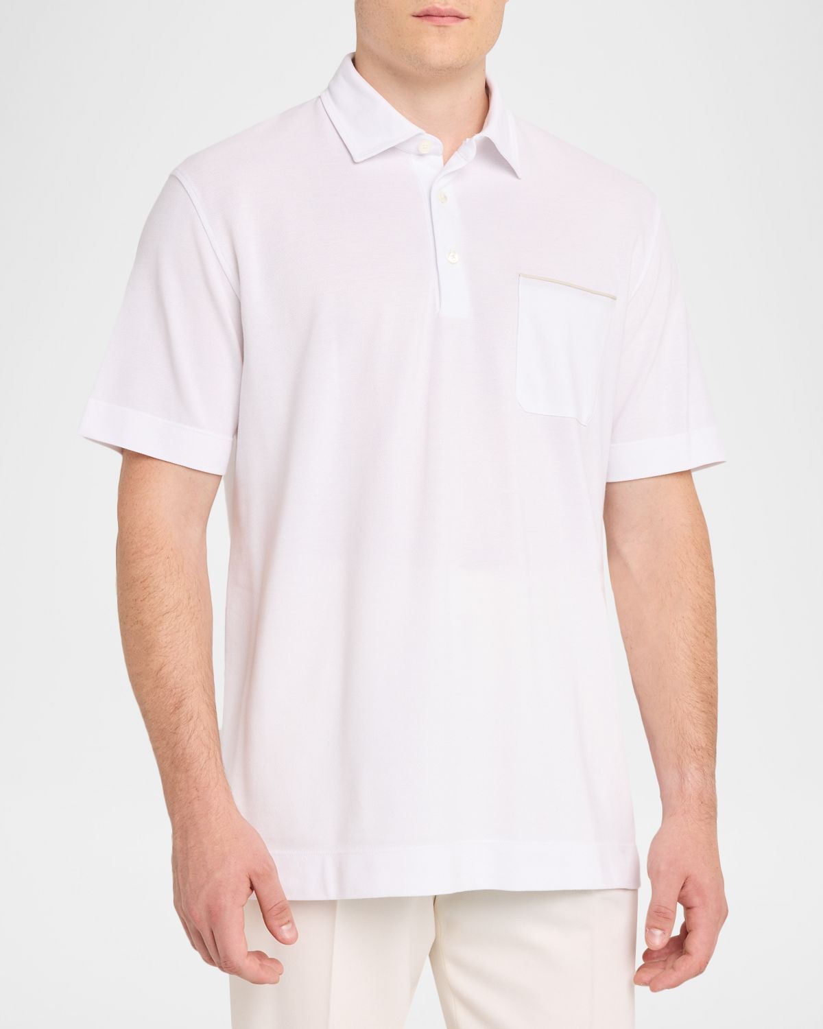 ZEGNA Men 's Cotton Pique Leather-Trim Pocket Polo Shirt | Thumbnail 4 ZEGNA Men 's Cotton Pique Leather-Trim Pocket Polo Shirt | Thumbnail 4