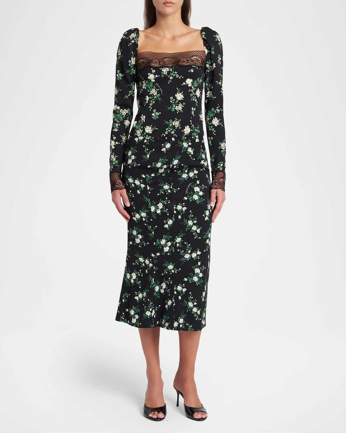 Dolce & Gabbana Lace-Trim Floral Silk Long-Sleeve Blouse