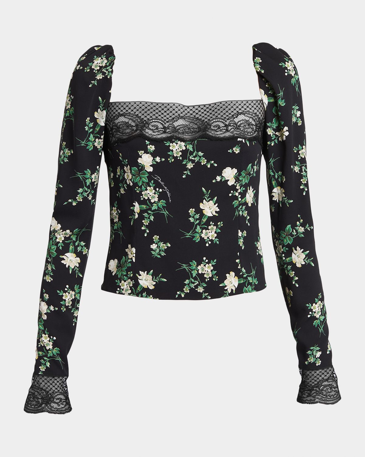 Dolce & Gabbana Lace-Trim Floral Silk Long-Sleeve Blouse