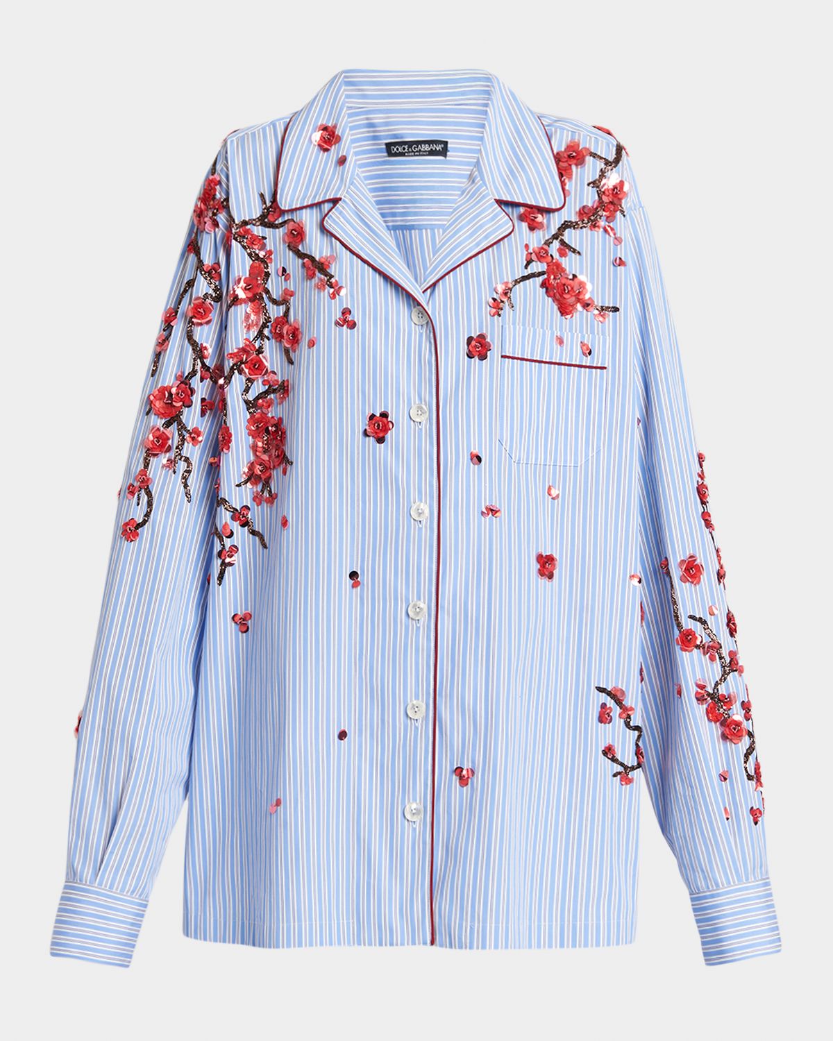 Dolce & Gabbana Cherry Blossom Embroidered Striped Pajama Shirt | Thumbnail 6 Dolce & Gabbana Cherry Blossom Embroidered Striped Pajama Shirt | Thumbnail 6