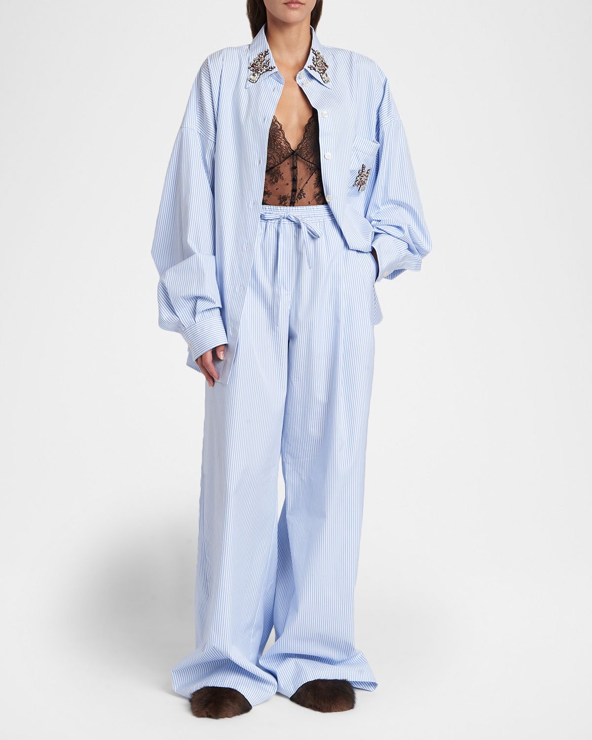 Dolce & Gabbana Embellished Striped Oversized Button-Down Shirt