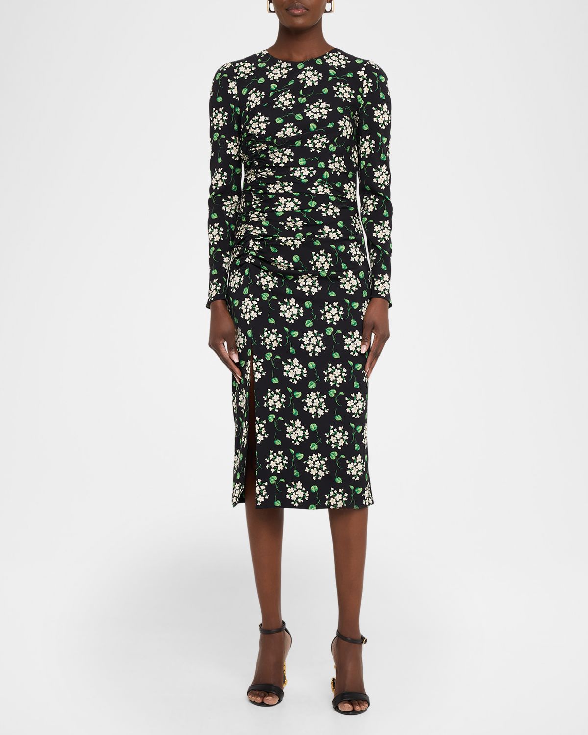 Dolce & Gabbana Floral Silk Long-Sleeve Ruched Midi Dress