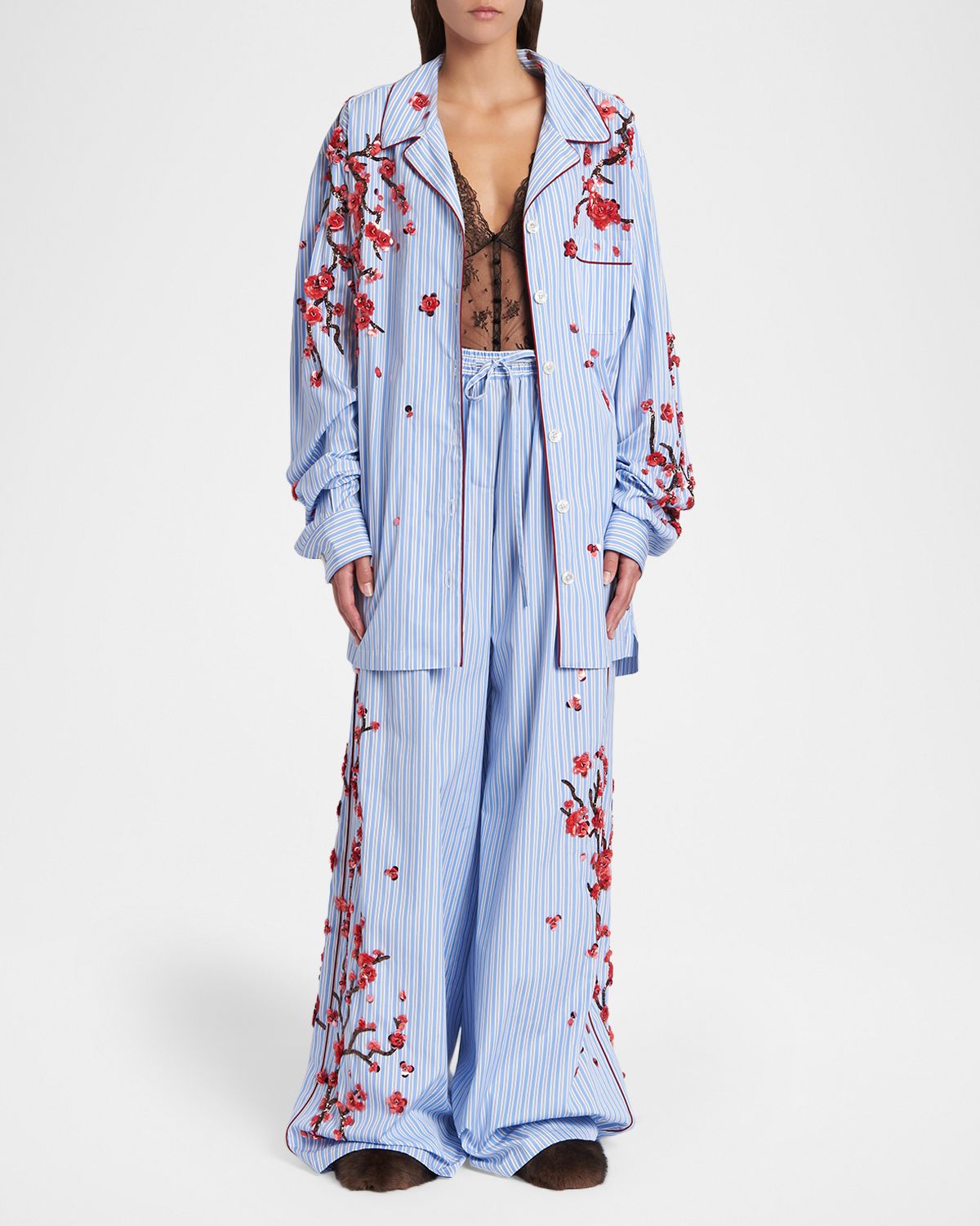 Dolce & Gabbana Embellished Striped Wide-Leg Pajama Pants