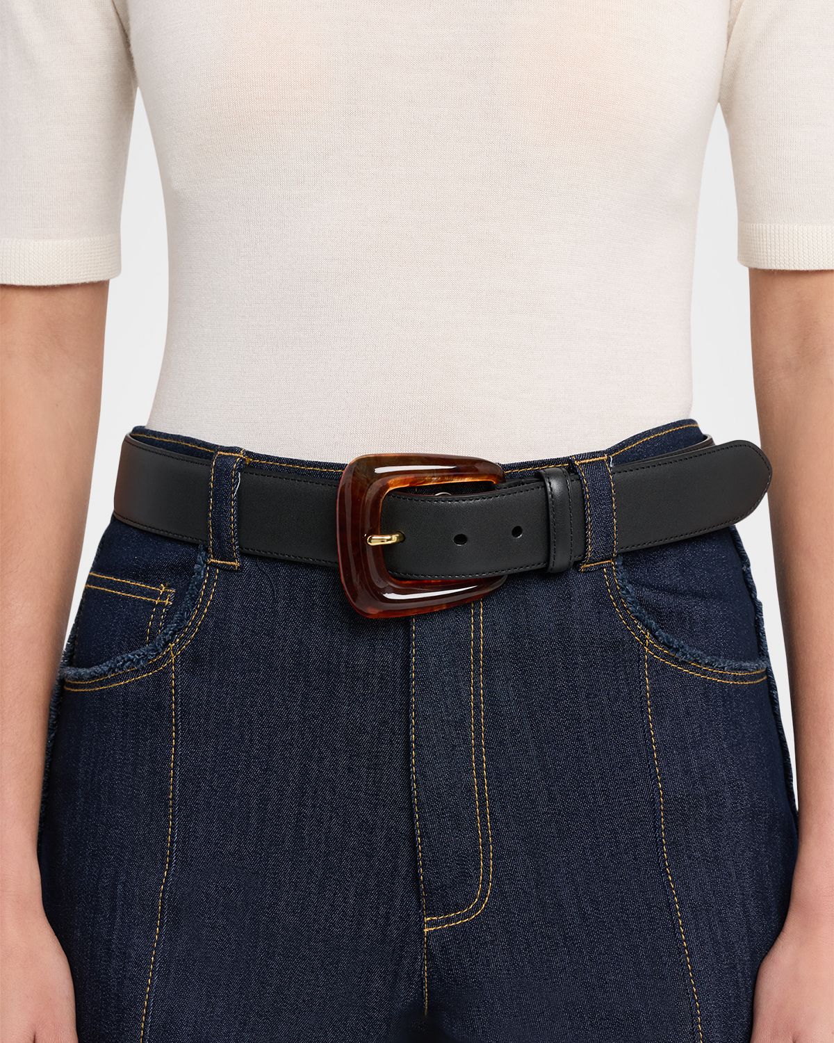 Veronica Beard Arch Resin-Buckle Leather Belt