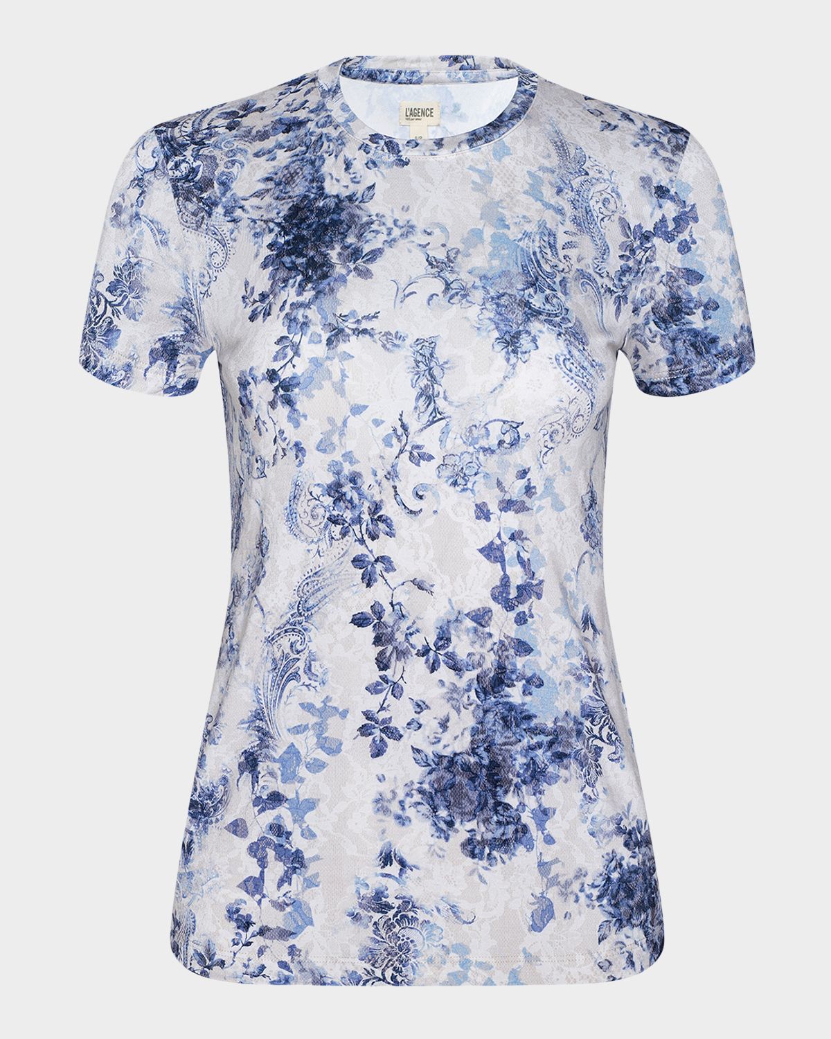 L 'Agence Ressi Short-Sleeve Watercolor Lace Paisley Tee
