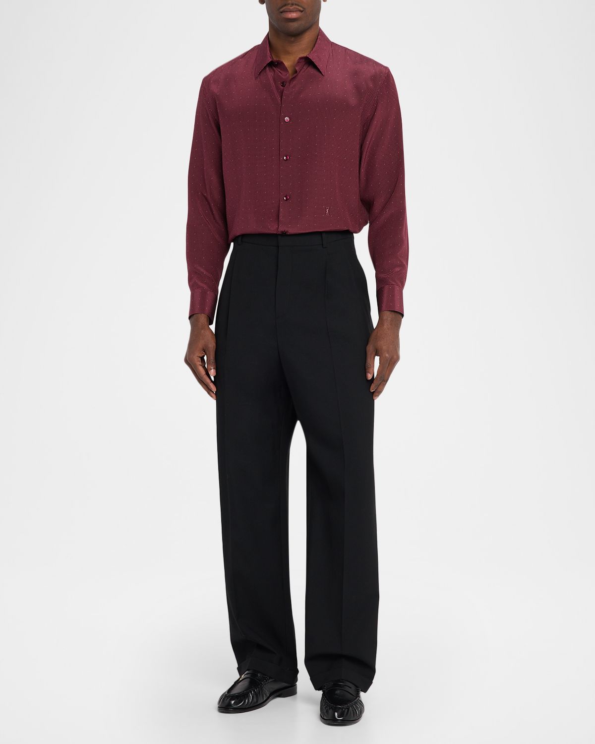 Saint Laurent Men 's Micro-Printed Silk Sport Shirt with Small Cassandre