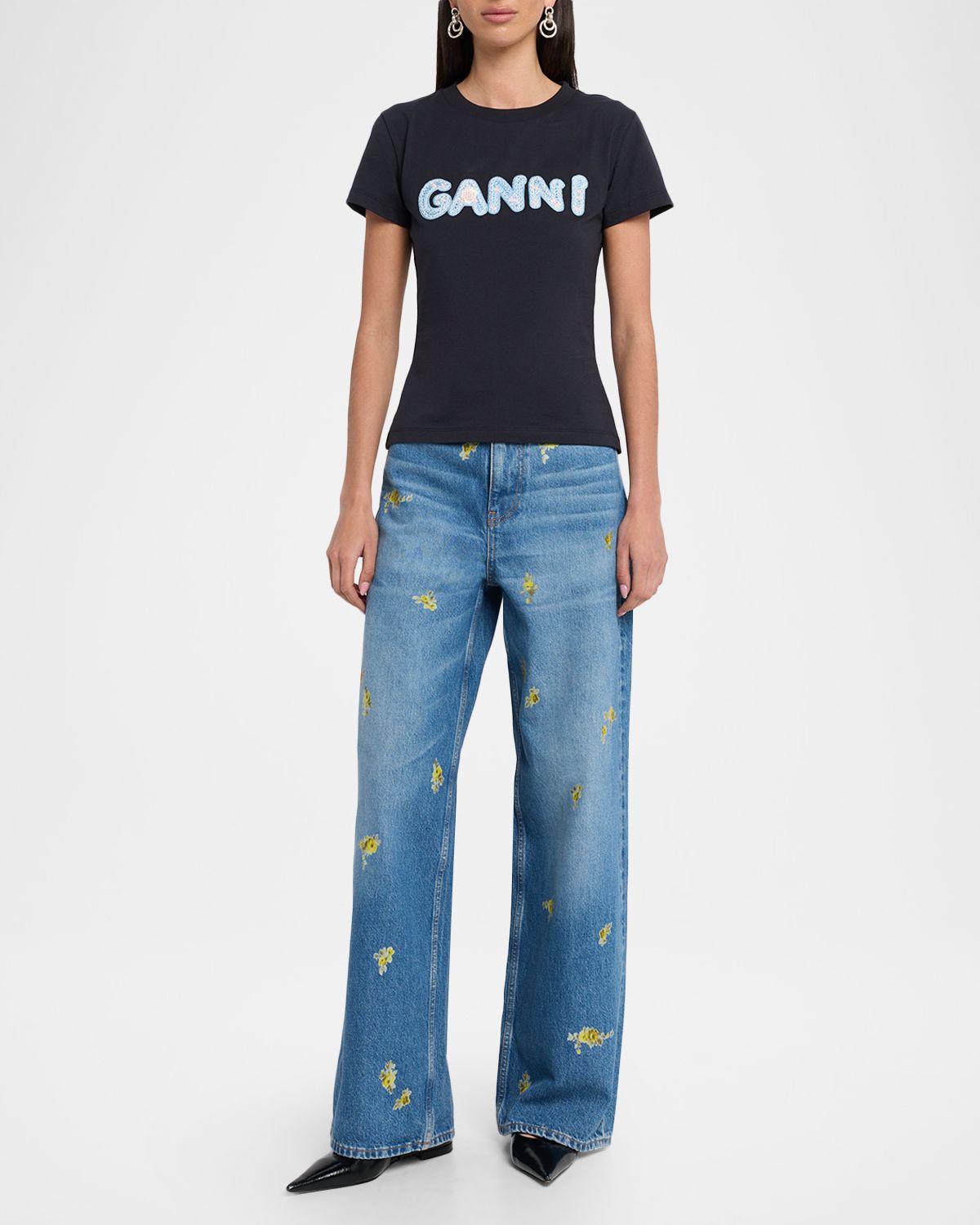 Ganni Logo Embroidered Cotton-Jersey Tee