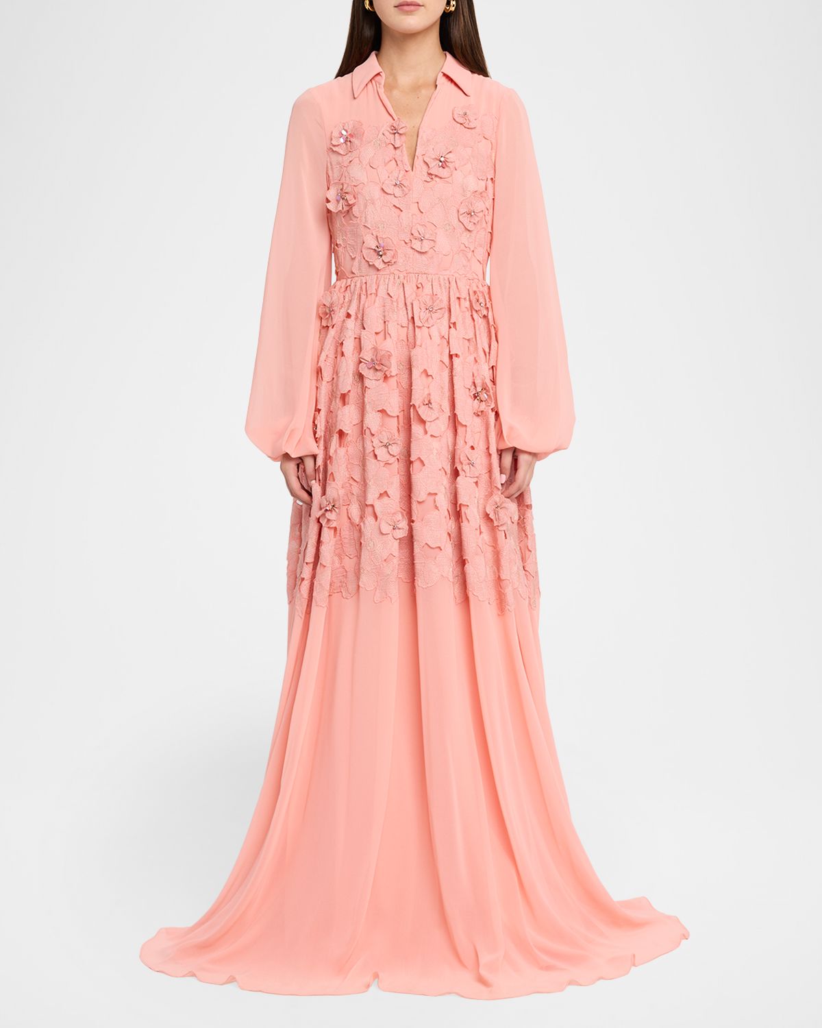 Badgley Mischka Blouson-Sleeve Floral Lace Georgette Gown