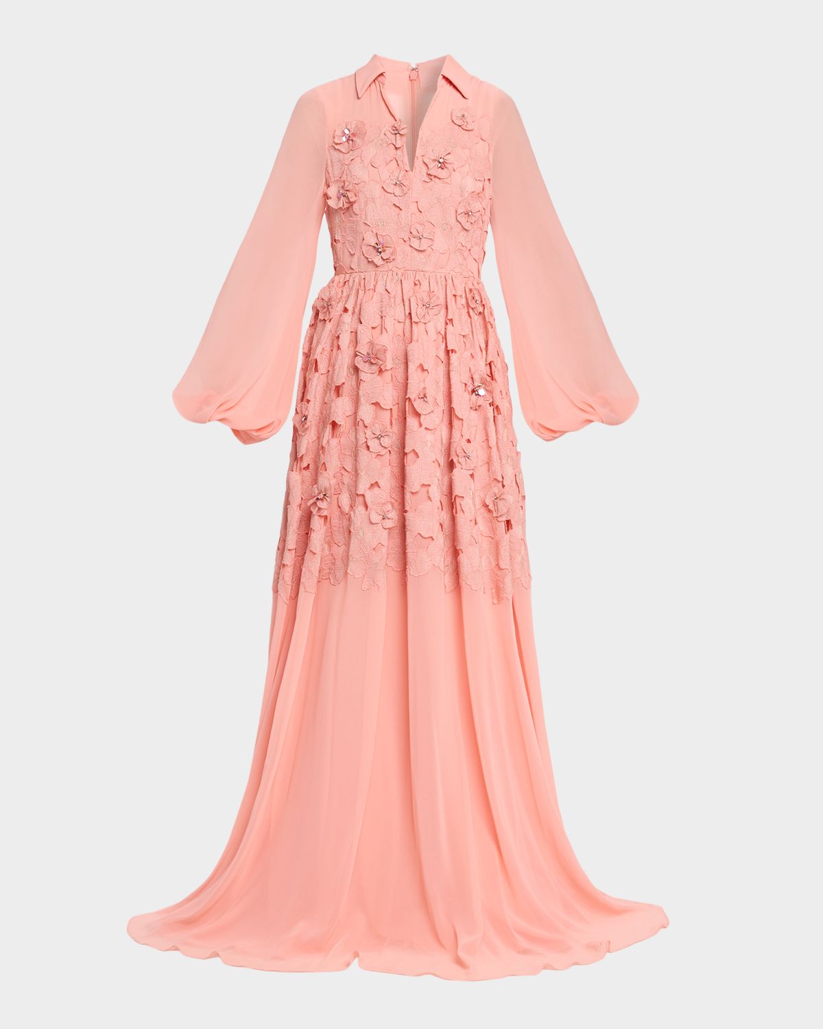 Badgley Mischka Blouson-Sleeve Floral Lace Georgette Gown