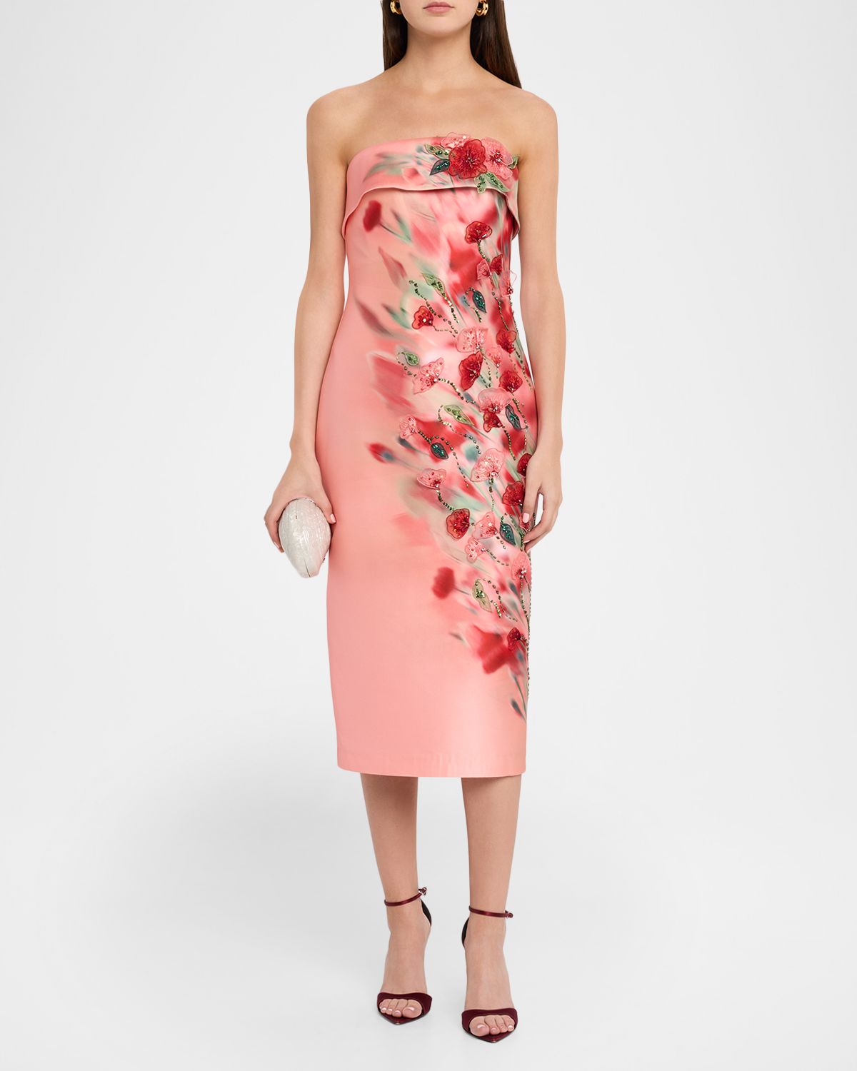 Badgley Mischka Strapless Floral-Print Mikado Midi Dress