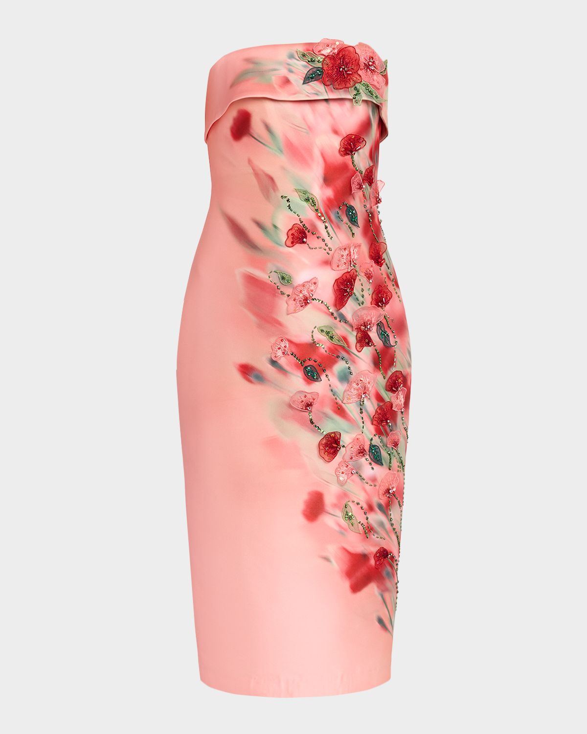 Badgley Mischka Strapless Floral-Print Mikado Midi Dress