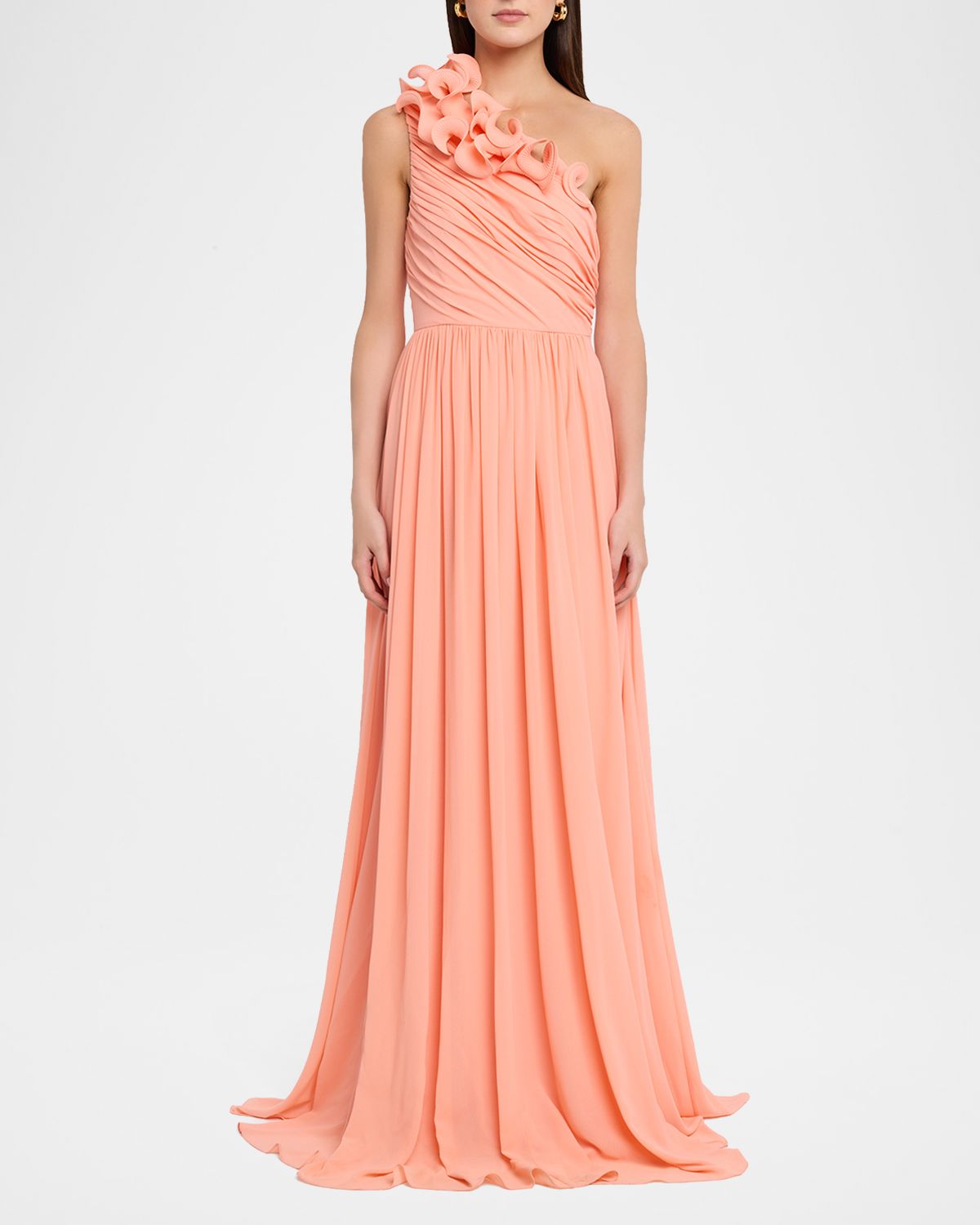 Badgley Mischka Pleated One-Shoulder Georgette Gown