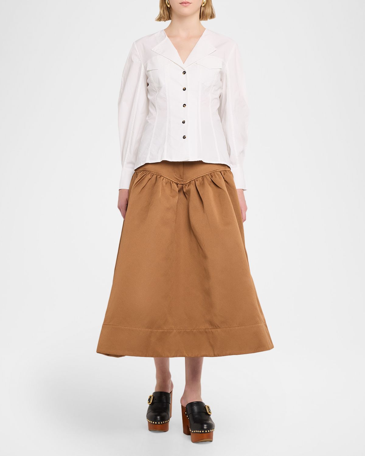 Ganni Long-Sleeve Seamed Cotton Top