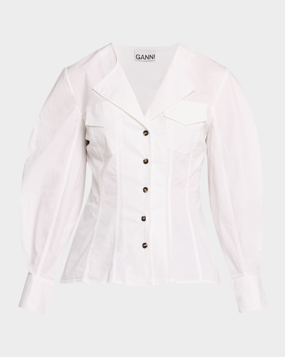 Ganni Long-Sleeve Seamed Cotton Top