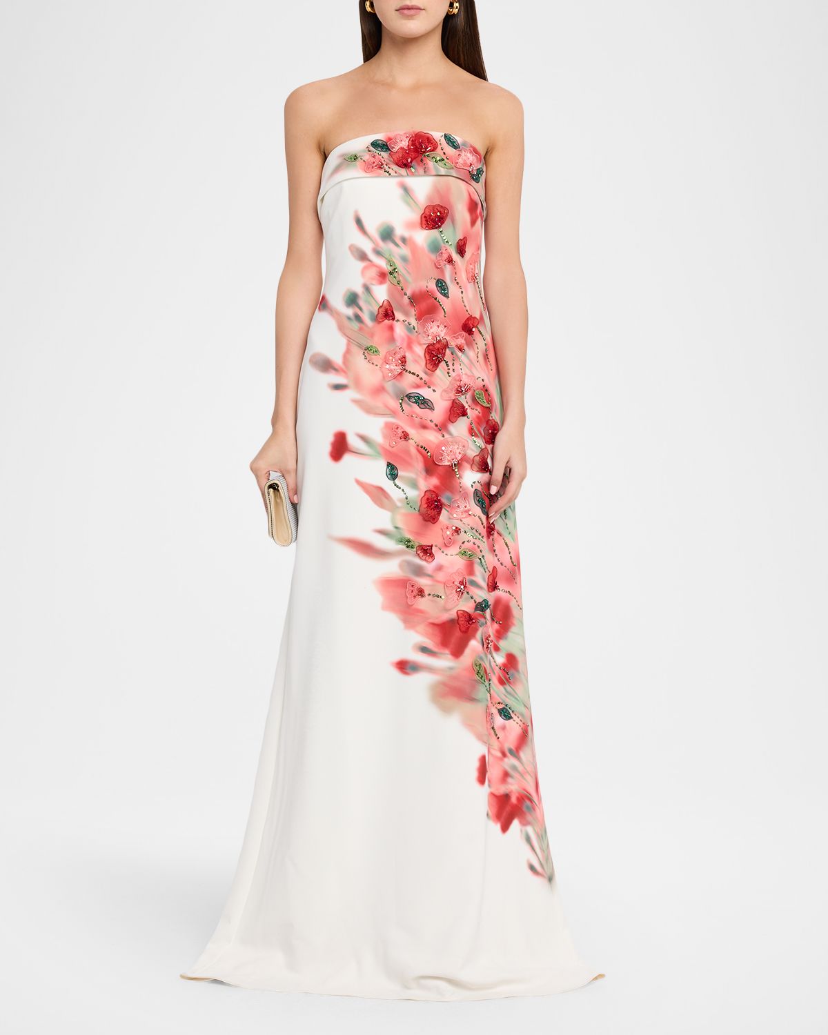 Badgley Mischka Strapless Floral-Print Crepe Gown