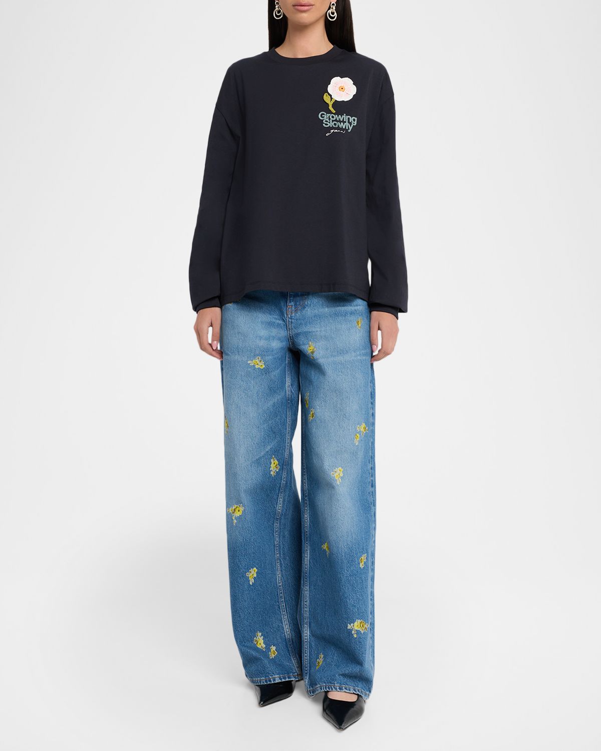 Ganni Embroidered Long-Sleeve Tee