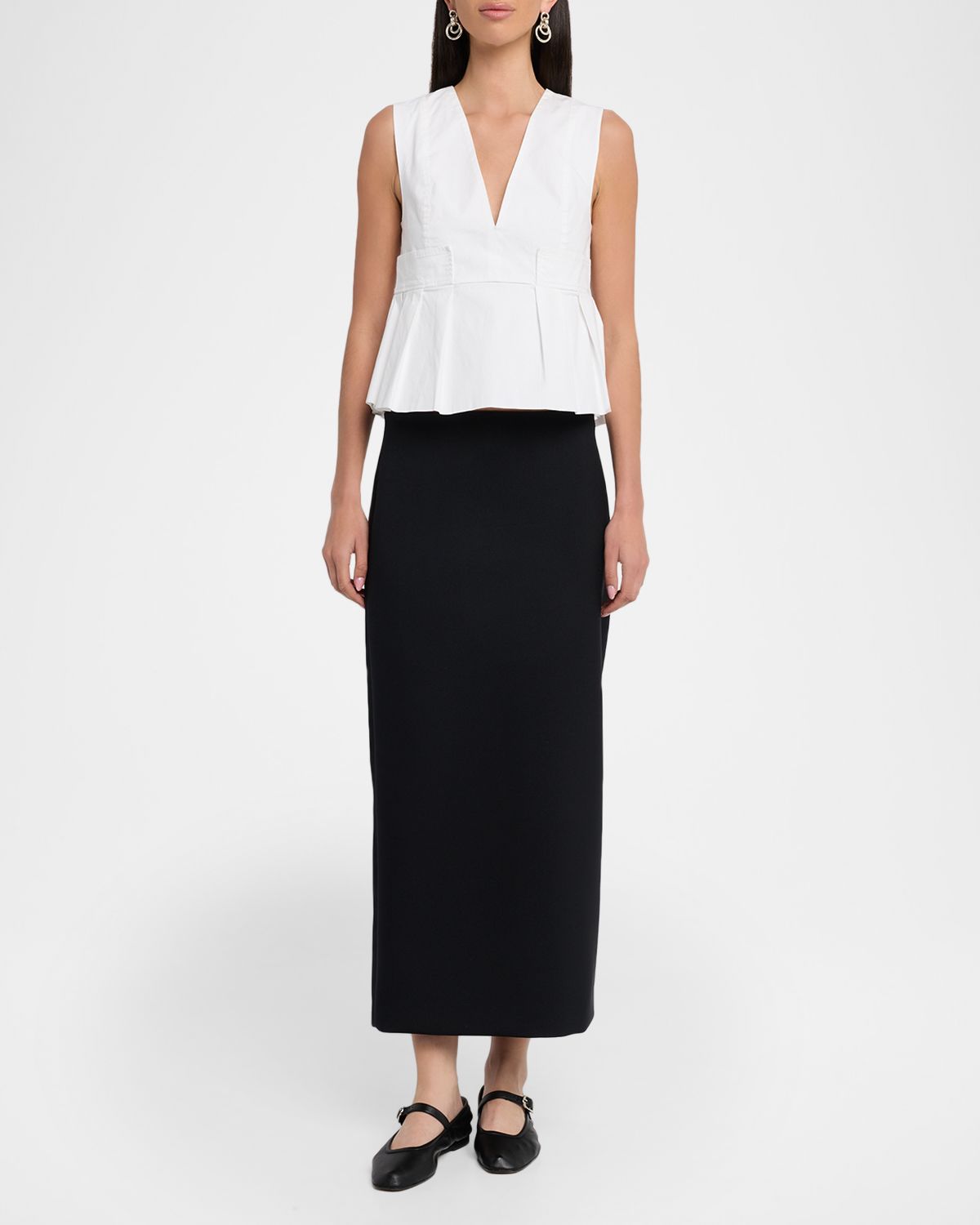 Ganni V-Neck Pleated Cotton Peplum Top