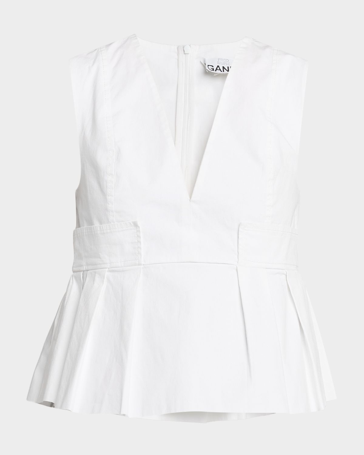 Ganni V-Neck Pleated Cotton Peplum Top