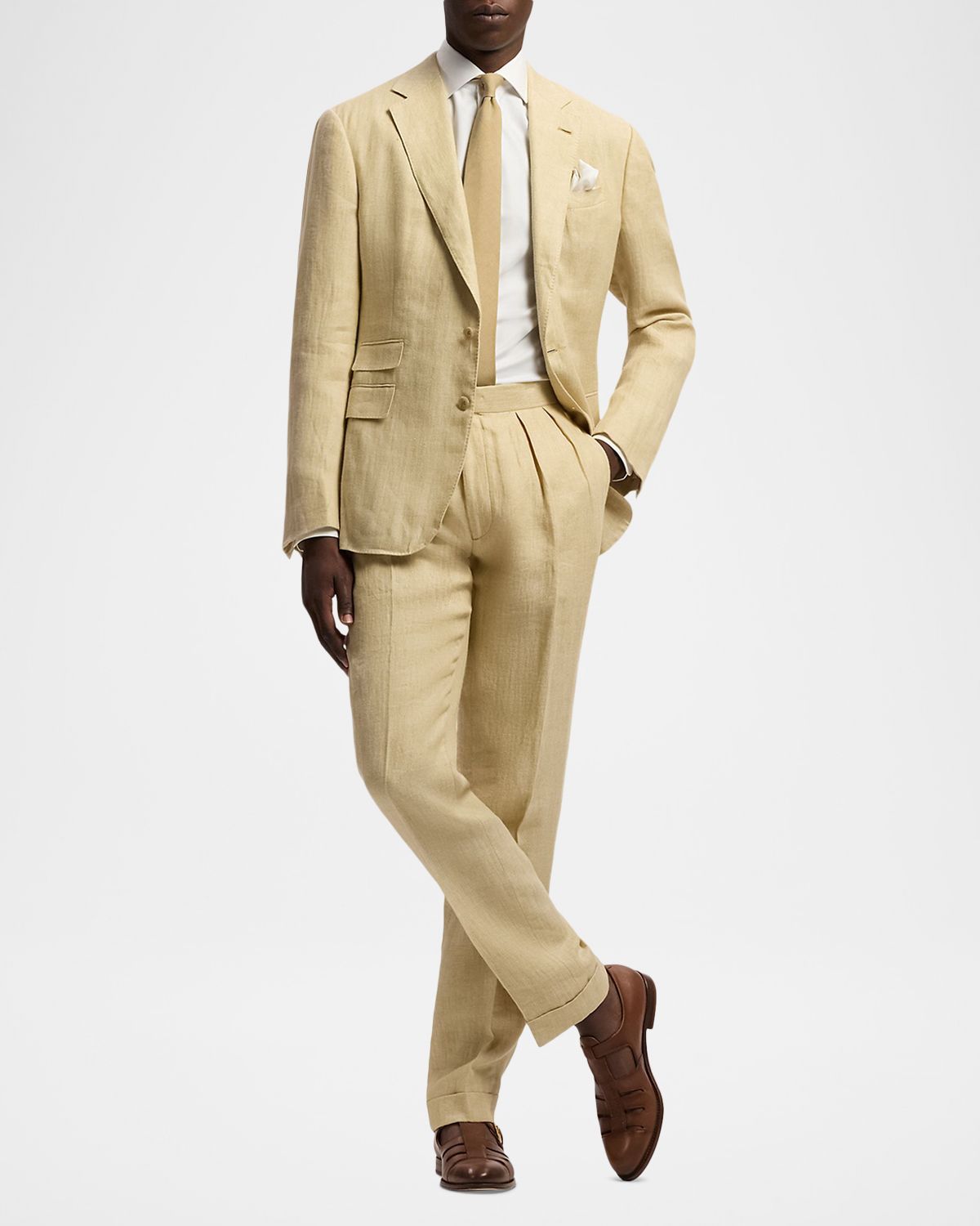 Ralph Lauren Purple Label Men 's Relaxed Fit Textured Linen Pleated Trousers