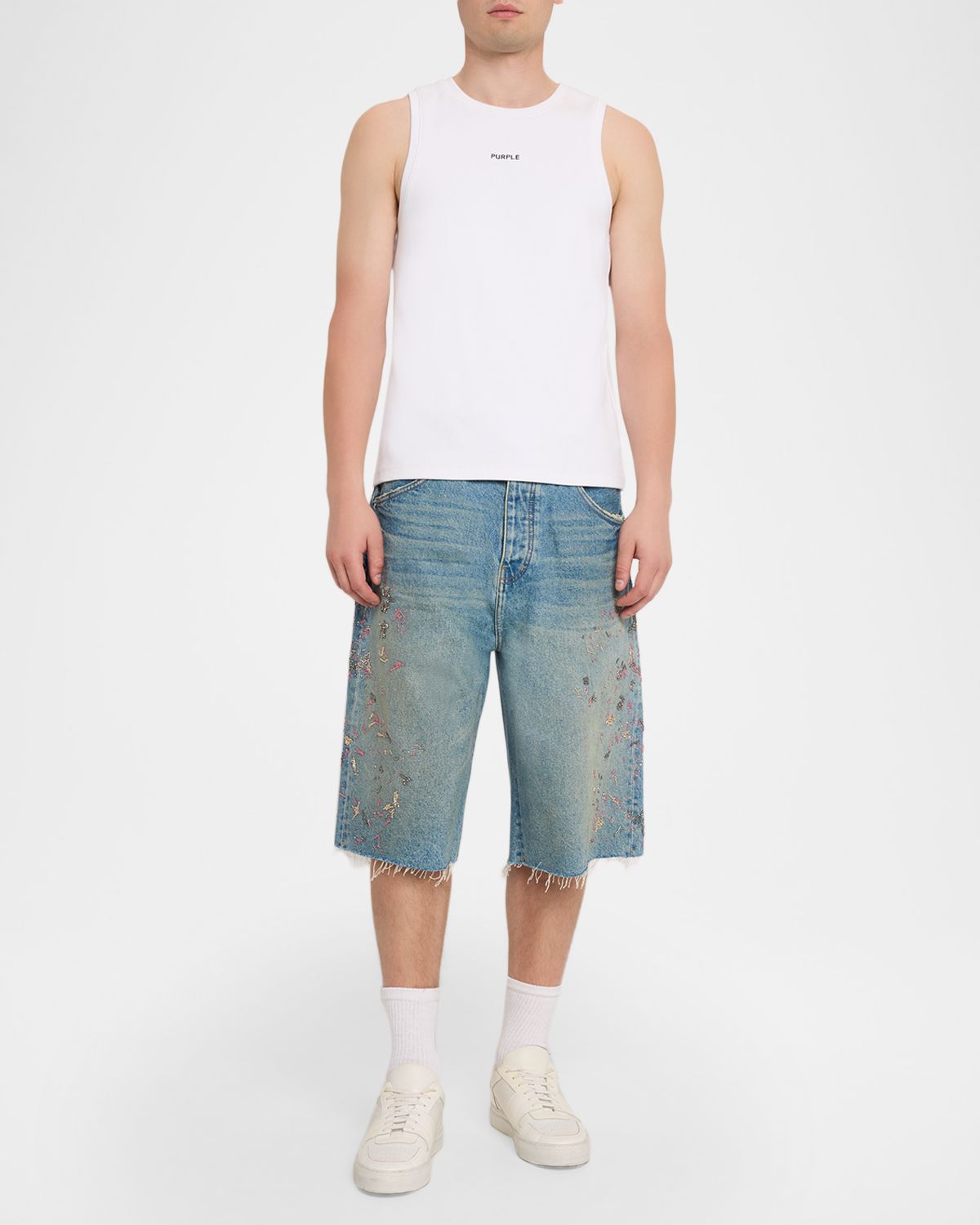 PURPLE Men 's Beaded Splatter Denim Shorts