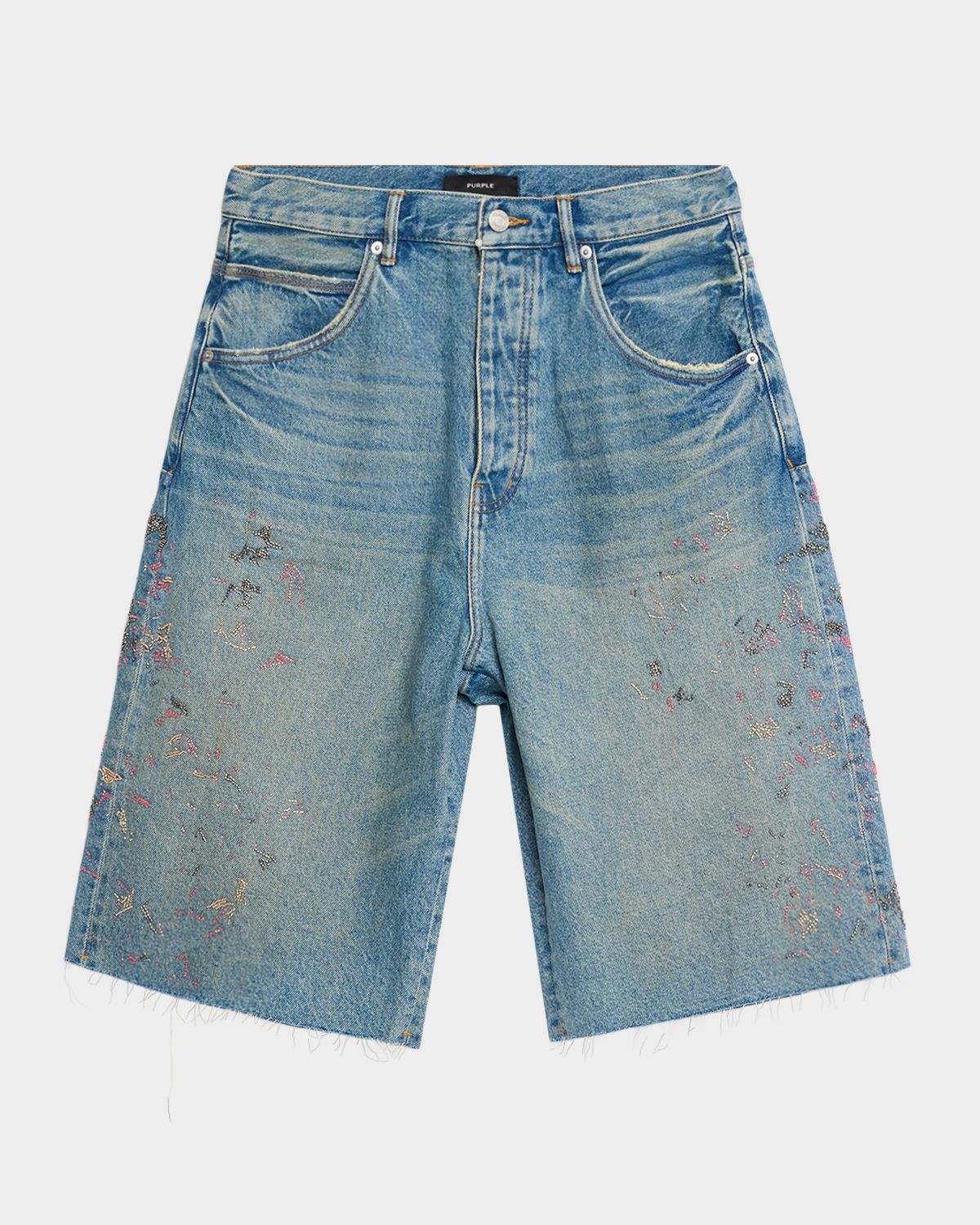 PURPLE Men 's Beaded Splatter Denim Shorts
