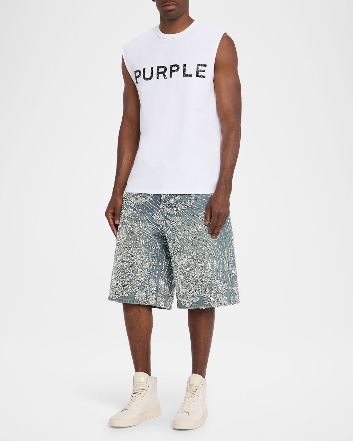 PURPLE Men 's Textured-ogo Sleeveless Cotton T-Shirt
