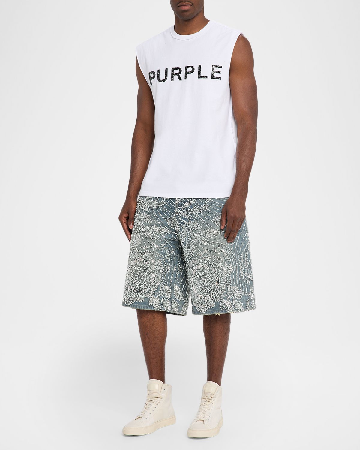 PURPLE Men 's P070 Hand-Beaded & Crystal-Embellished Denim Shorts