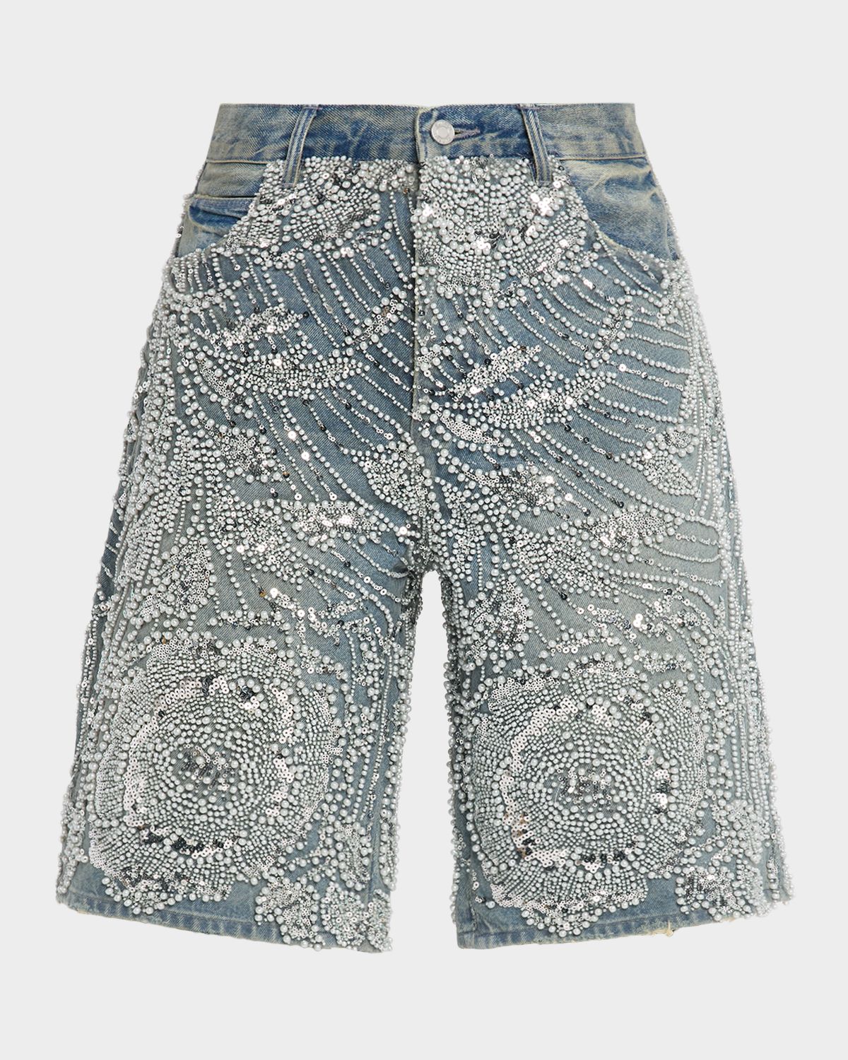 PURPLE Men 's P070 Hand-Beaded & Crystal-Embellished Denim Shorts