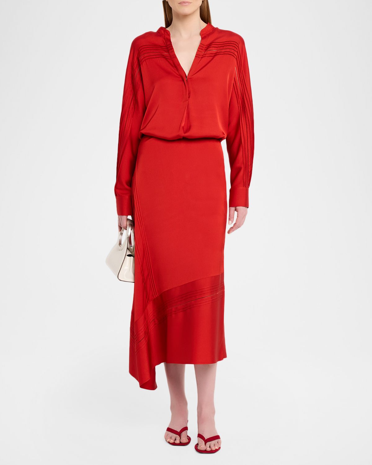 Vince Pintuck Long-Sleeve Satin Blouse