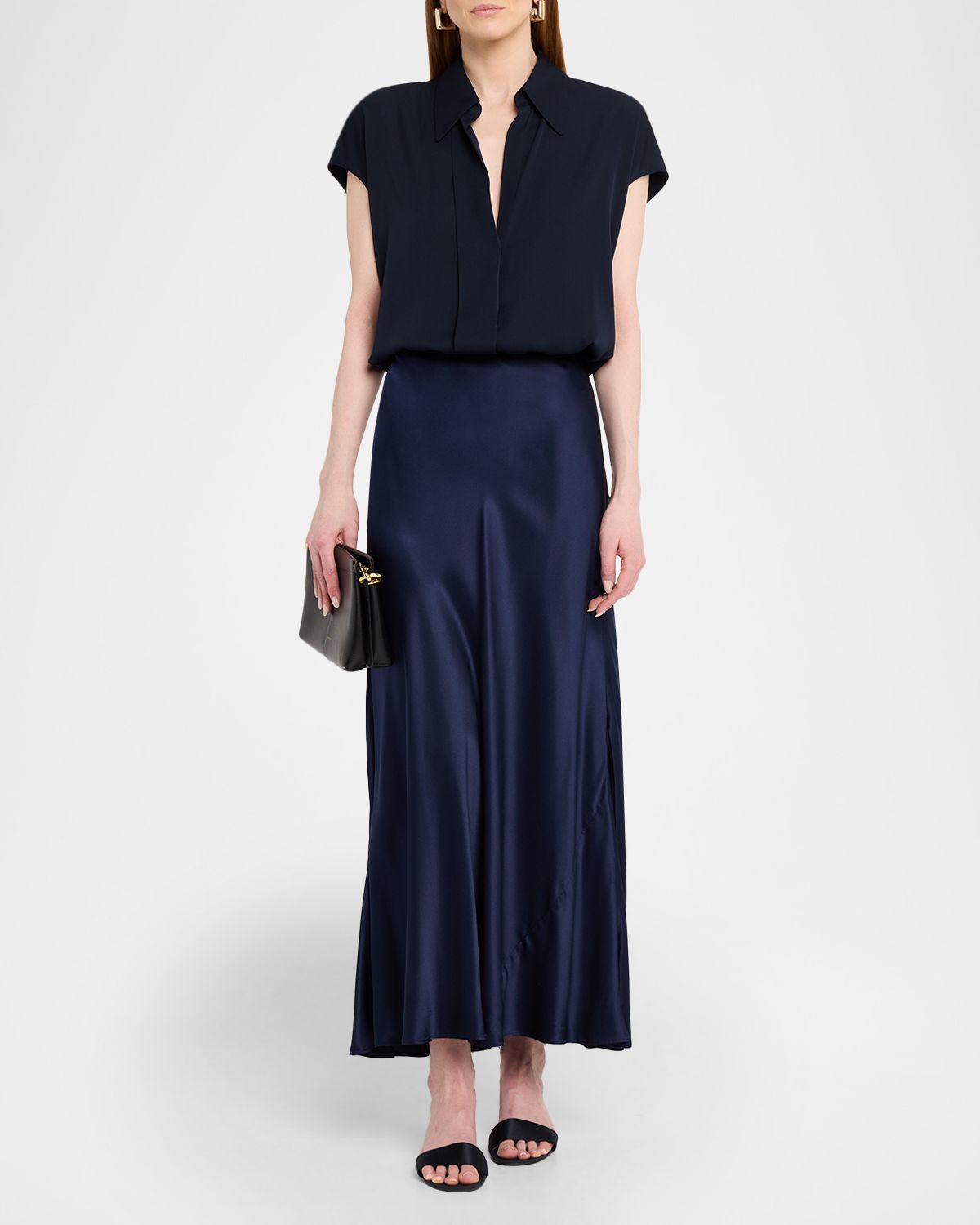 Vince Cap-Sleeve Hidden Placket Stretch-Silk Top